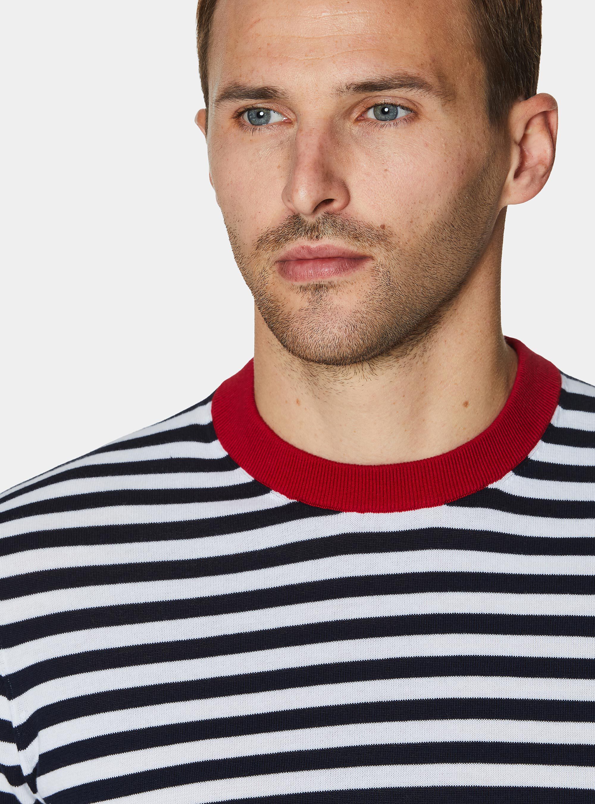 Extra-fine striped cotton crew neck sweater, NAVY BLUE