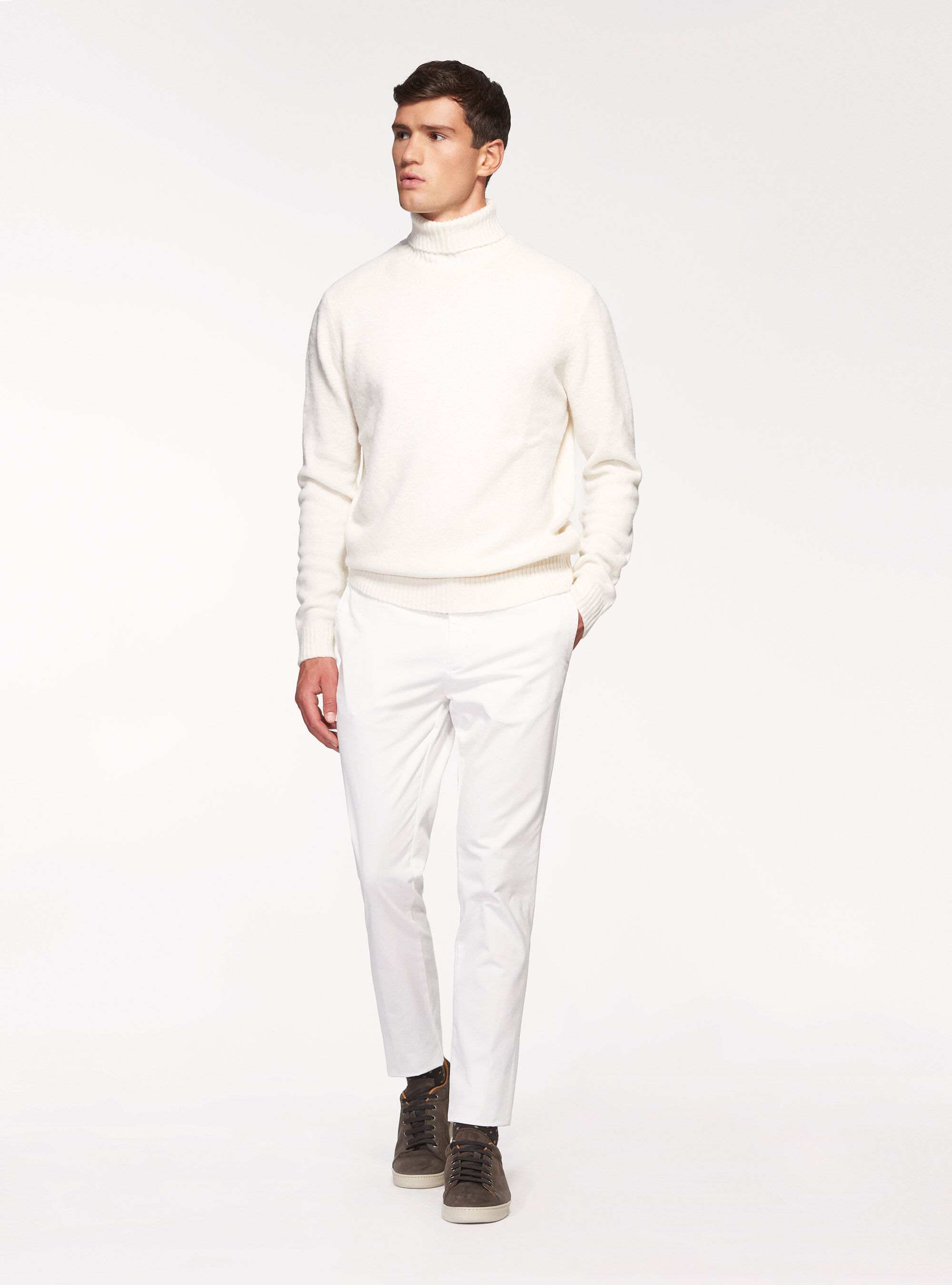 Maglia collo alto in misto lana brushed, BIANCO