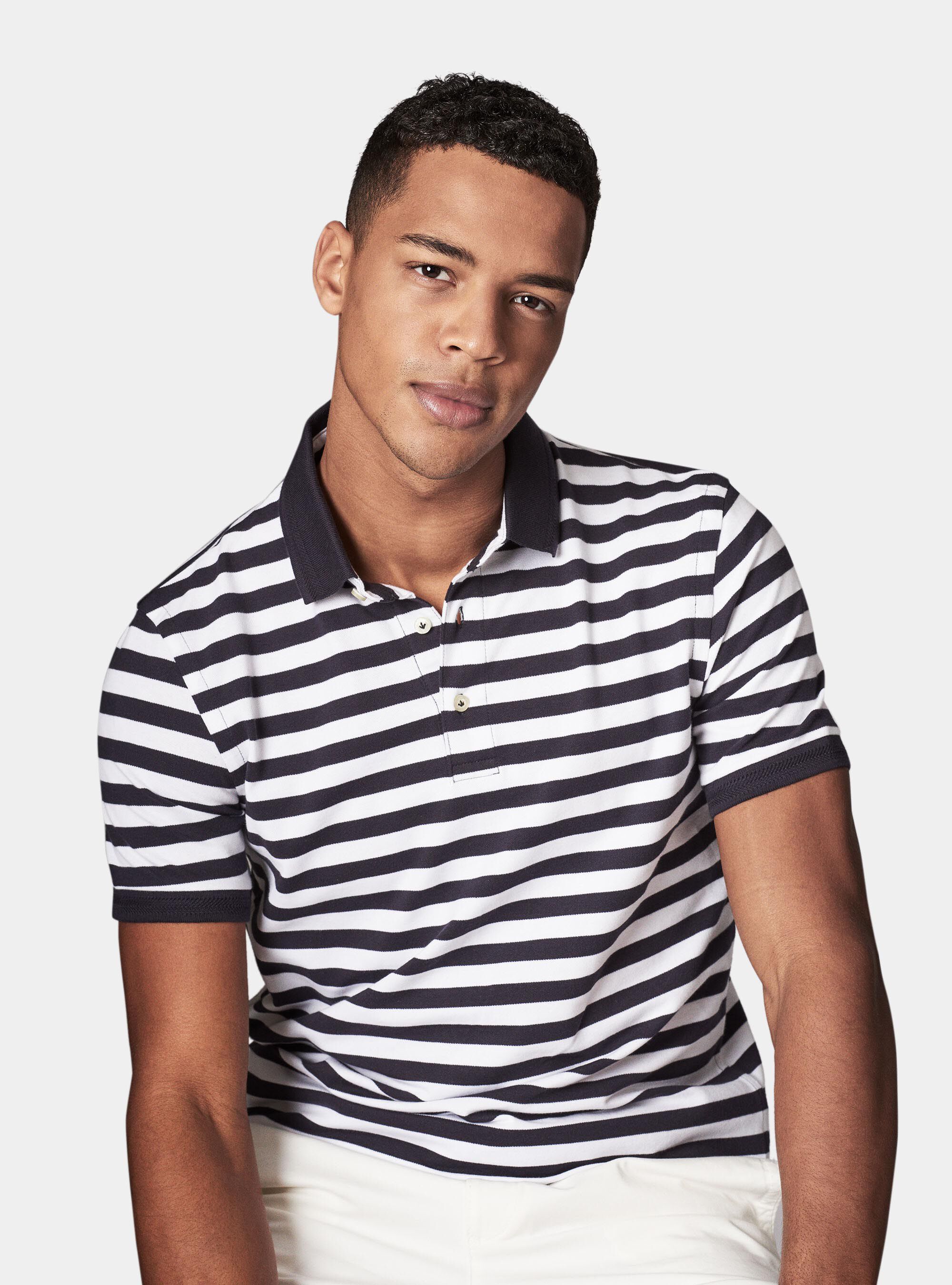 Polo de rayas en algod&oacute;n piquet stretch, AZUL MARINO
