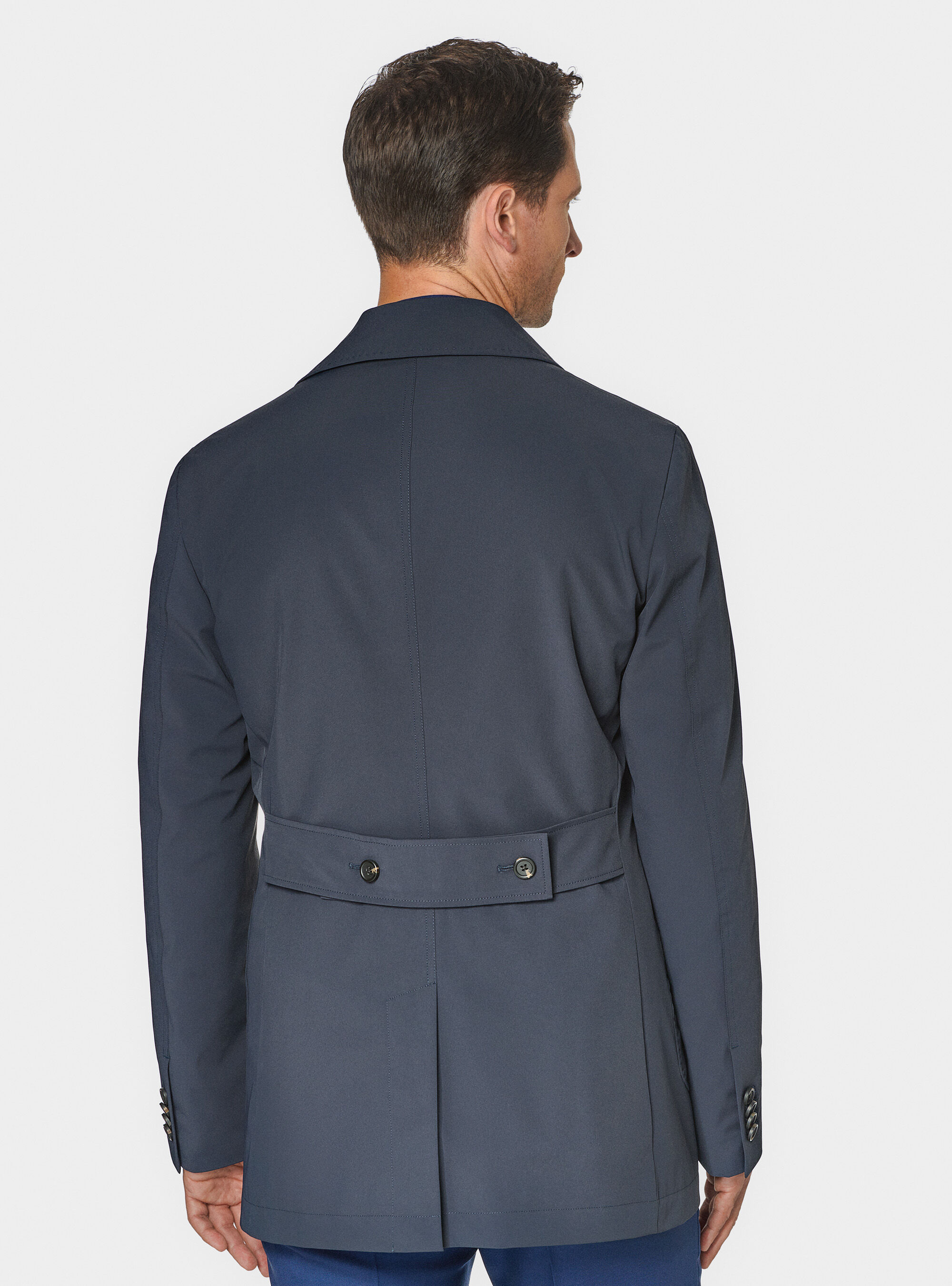 Short double-breasted raincoat in technical fabric, NAVY BLUE
