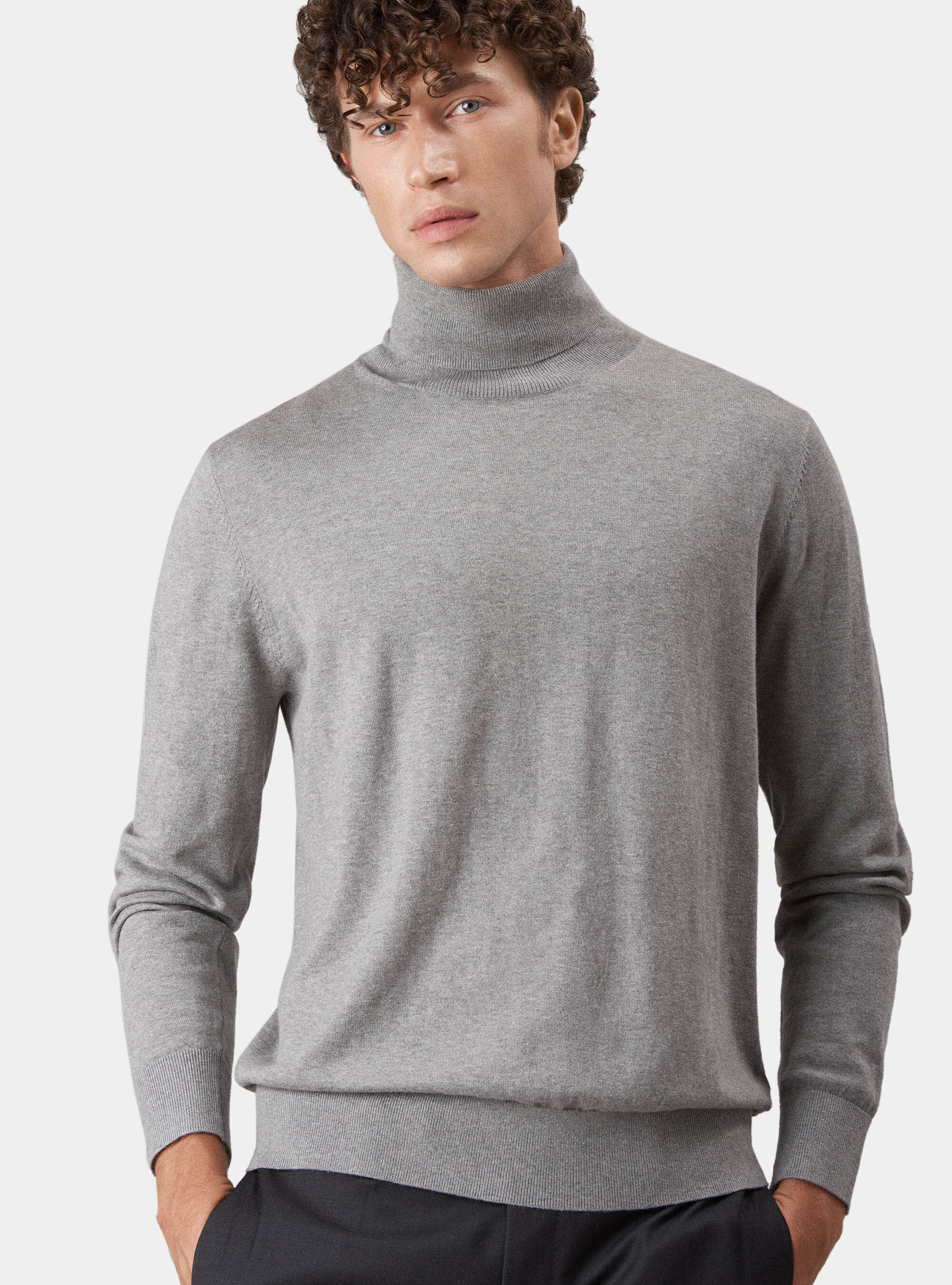 Jersey de cuello alto en seda de algod&oacute;n y cachemira, GRIS CLARO JASPEADO