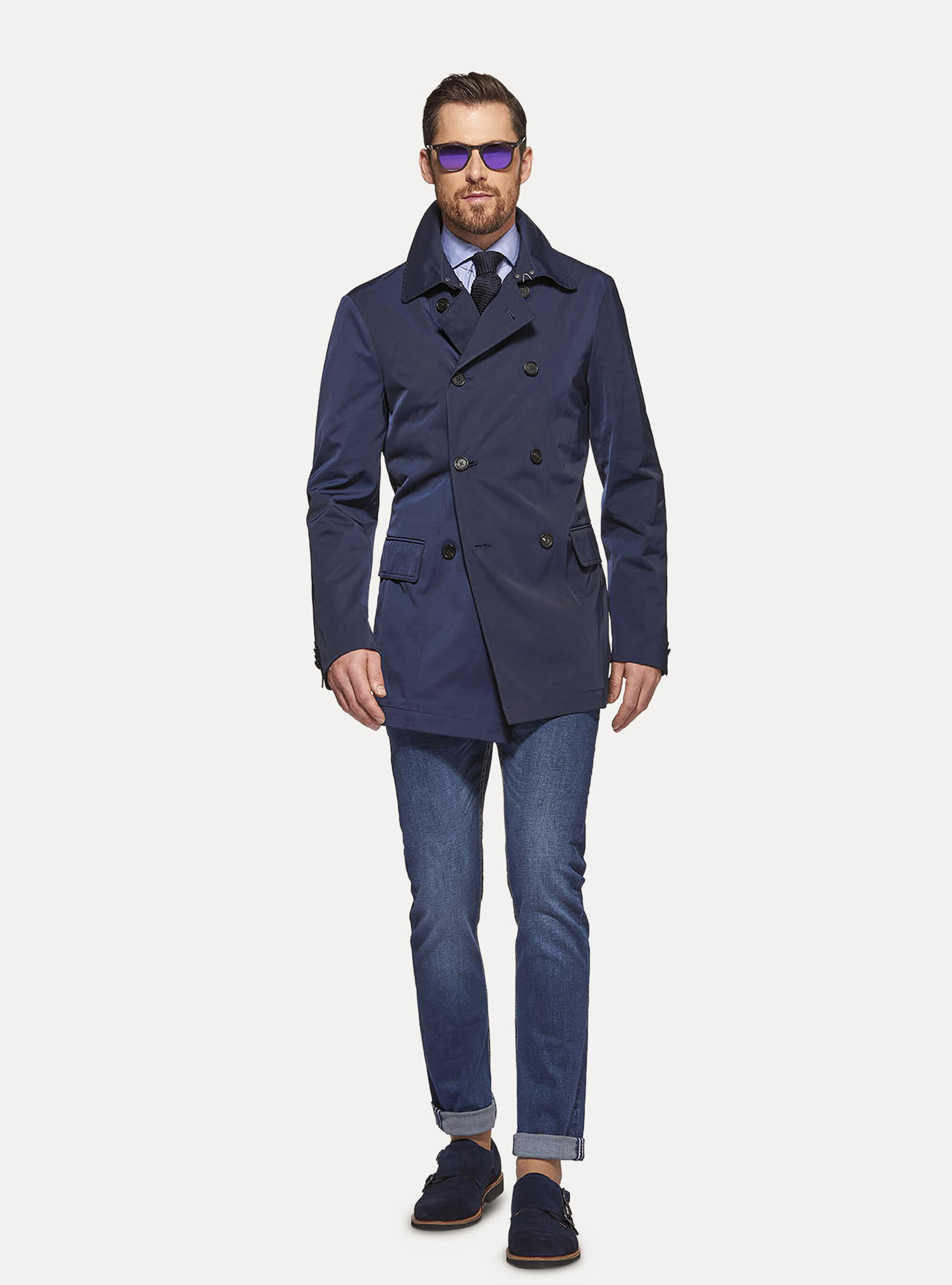 Double breasted raincoat in technical fabric