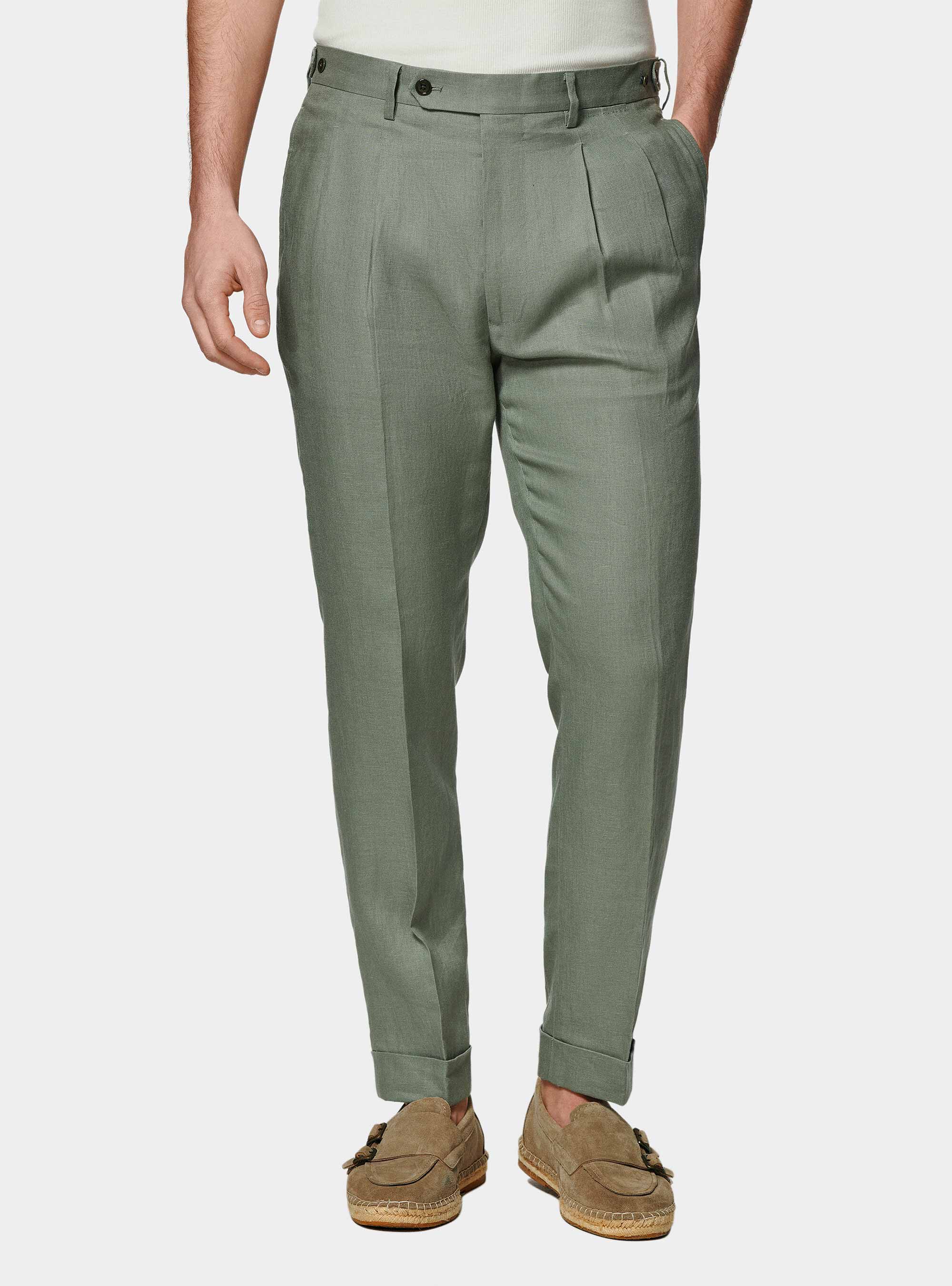 Pantal&oacute;n de lino puro con doble pinza, SALVIA 0602C