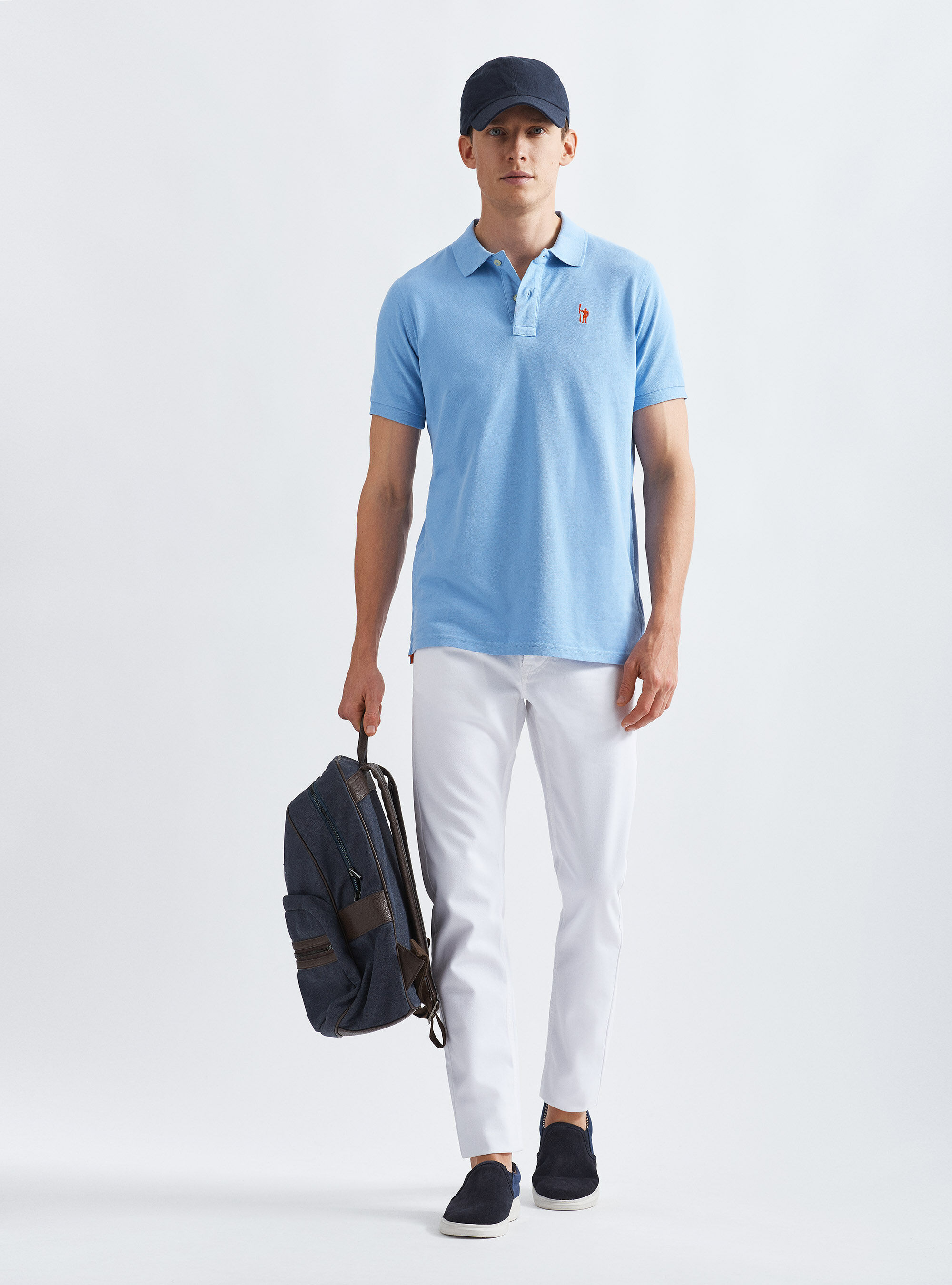 Polo classica in piquet di cotone con ricamo, AZZURRO