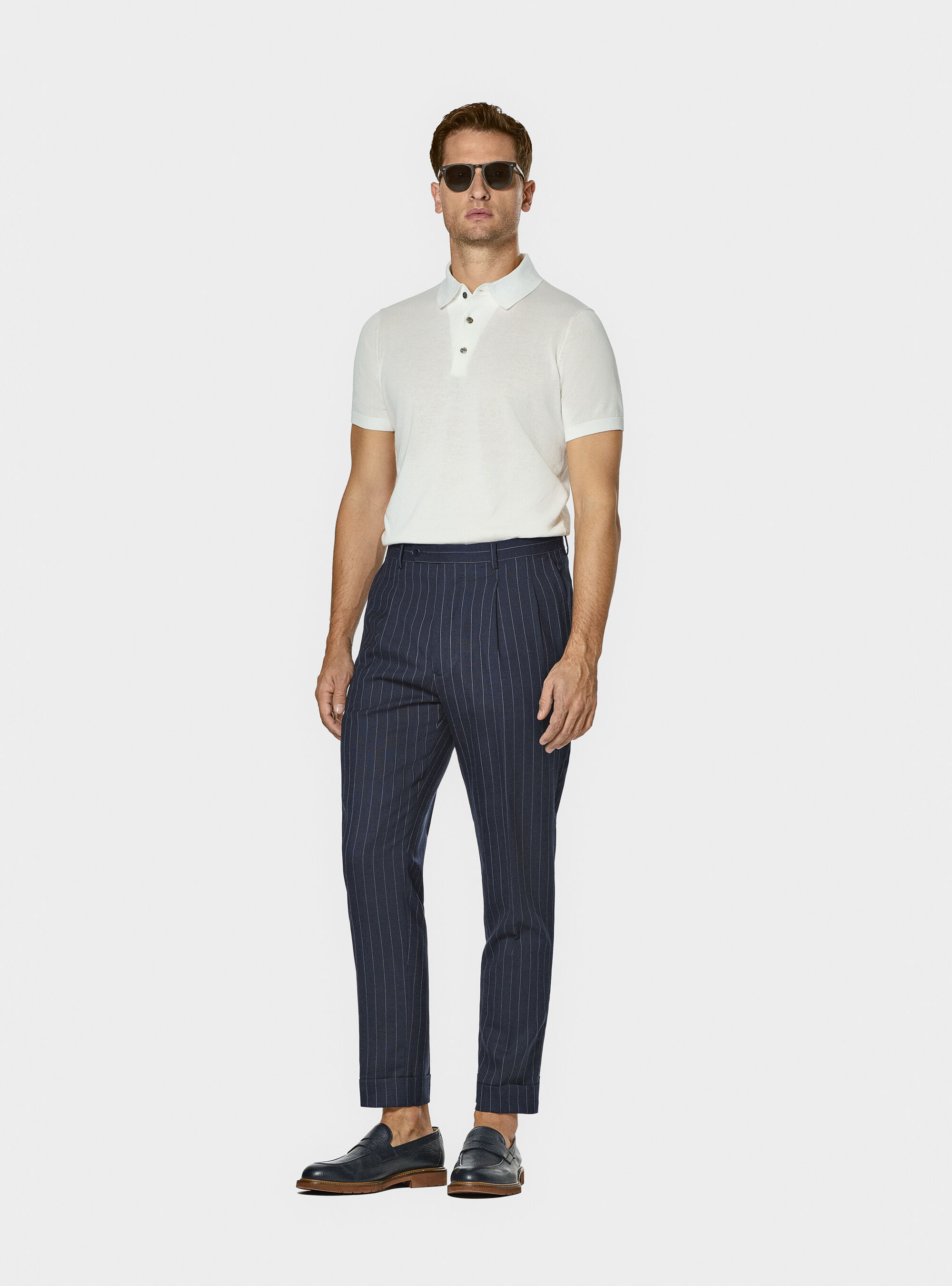Pure wool pinstripe double-breasted suit trousers