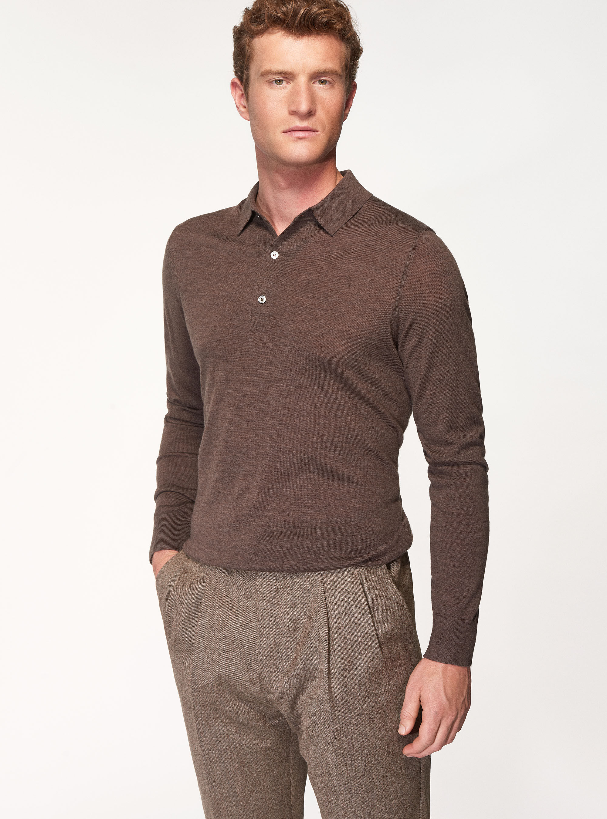 Knitted polo shirt in pure extra-fine merino wool, MUD