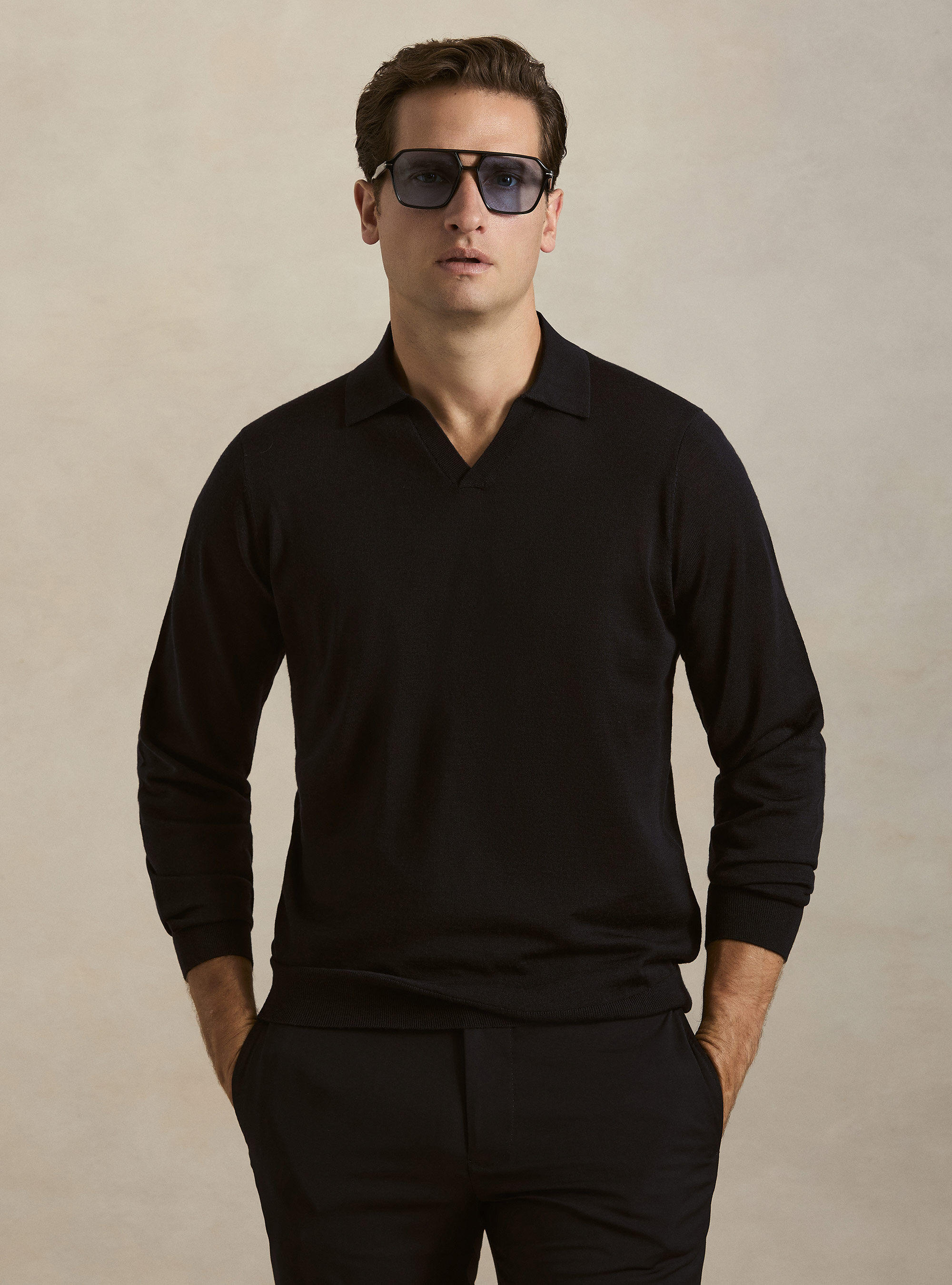 Polo collo senza bottoni in maglia lana merino