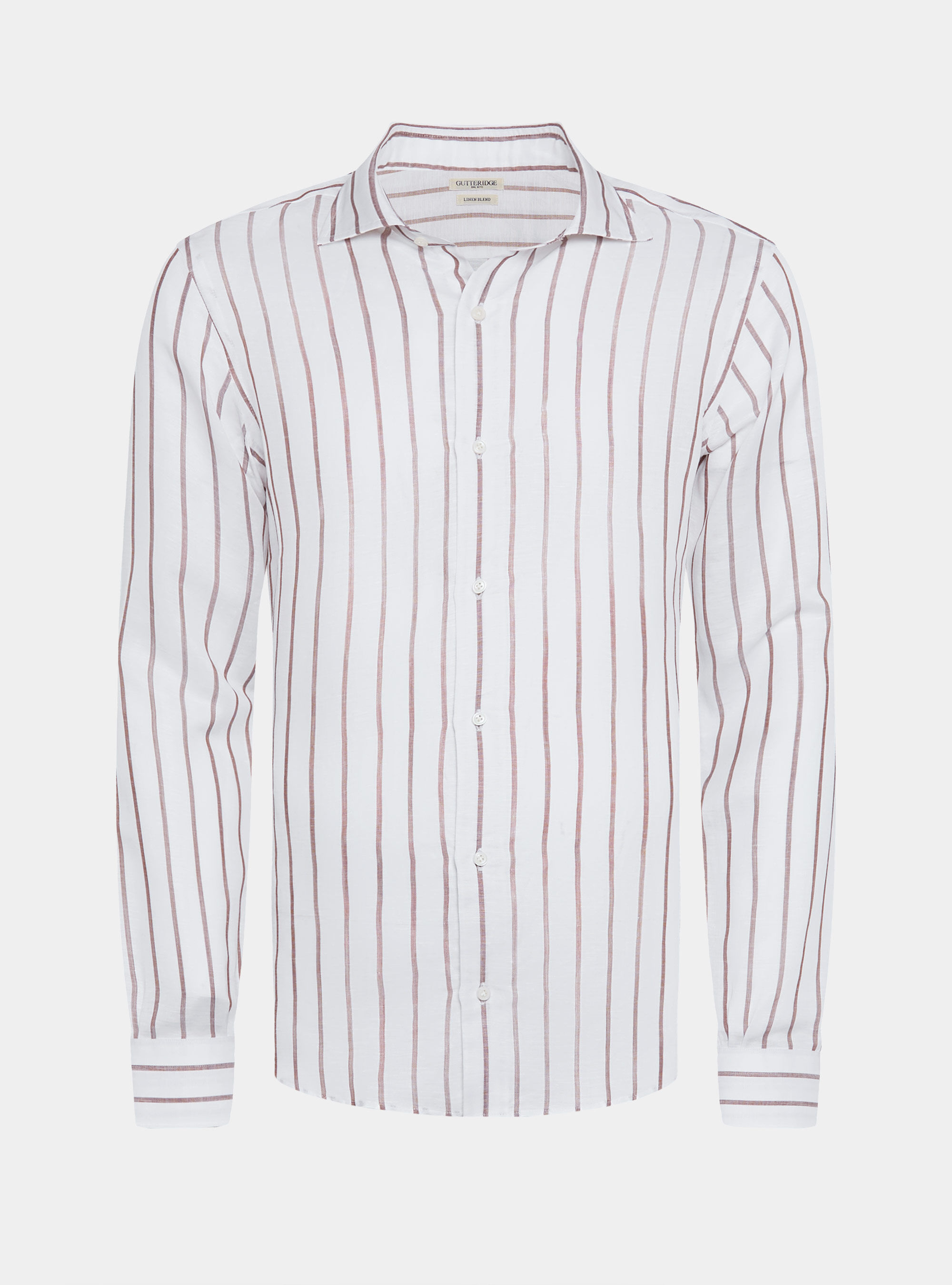 Camicia rigata in misto lino, MARRONE