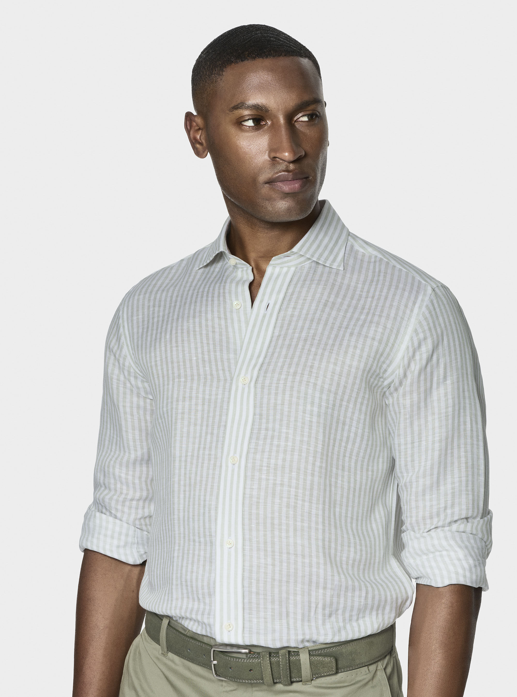 Camicia rigata in misto lino, SALVIA 0602C