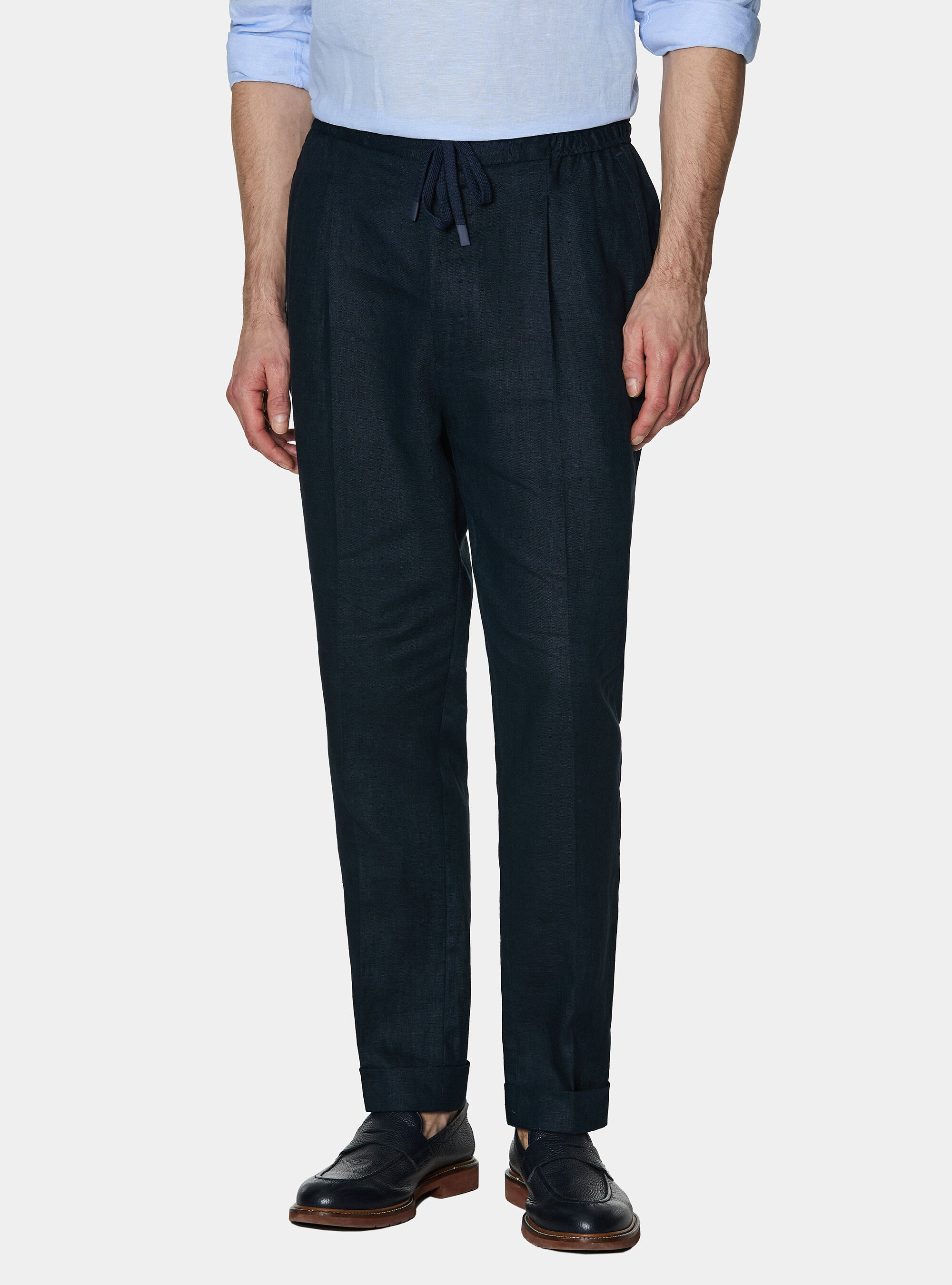 Pantaloni in puro lino con pince e coulisse, BLU NAVY