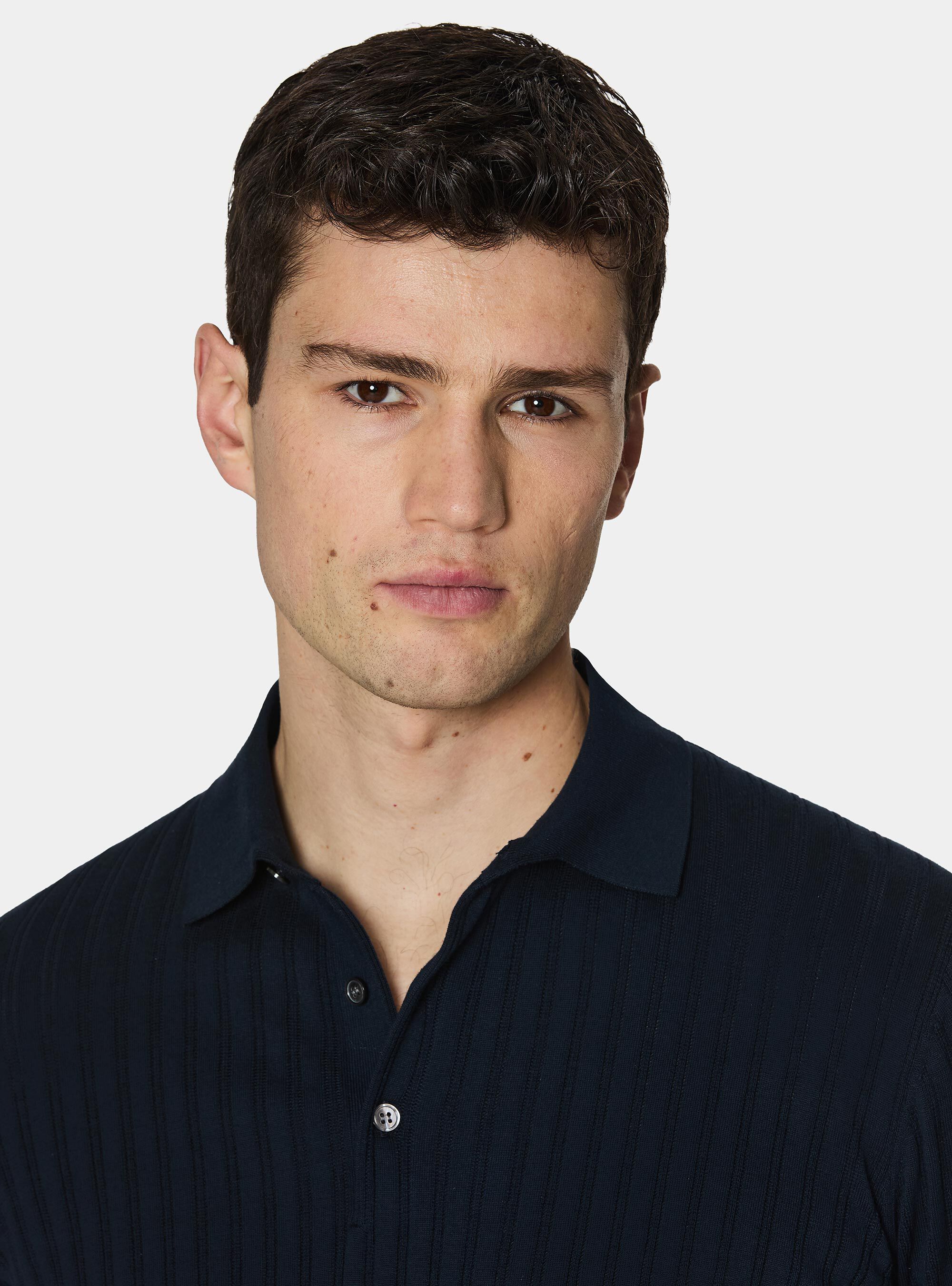 Extra-fine cotton knit polo shirt with openwork ribbing, NAVY BLUE
