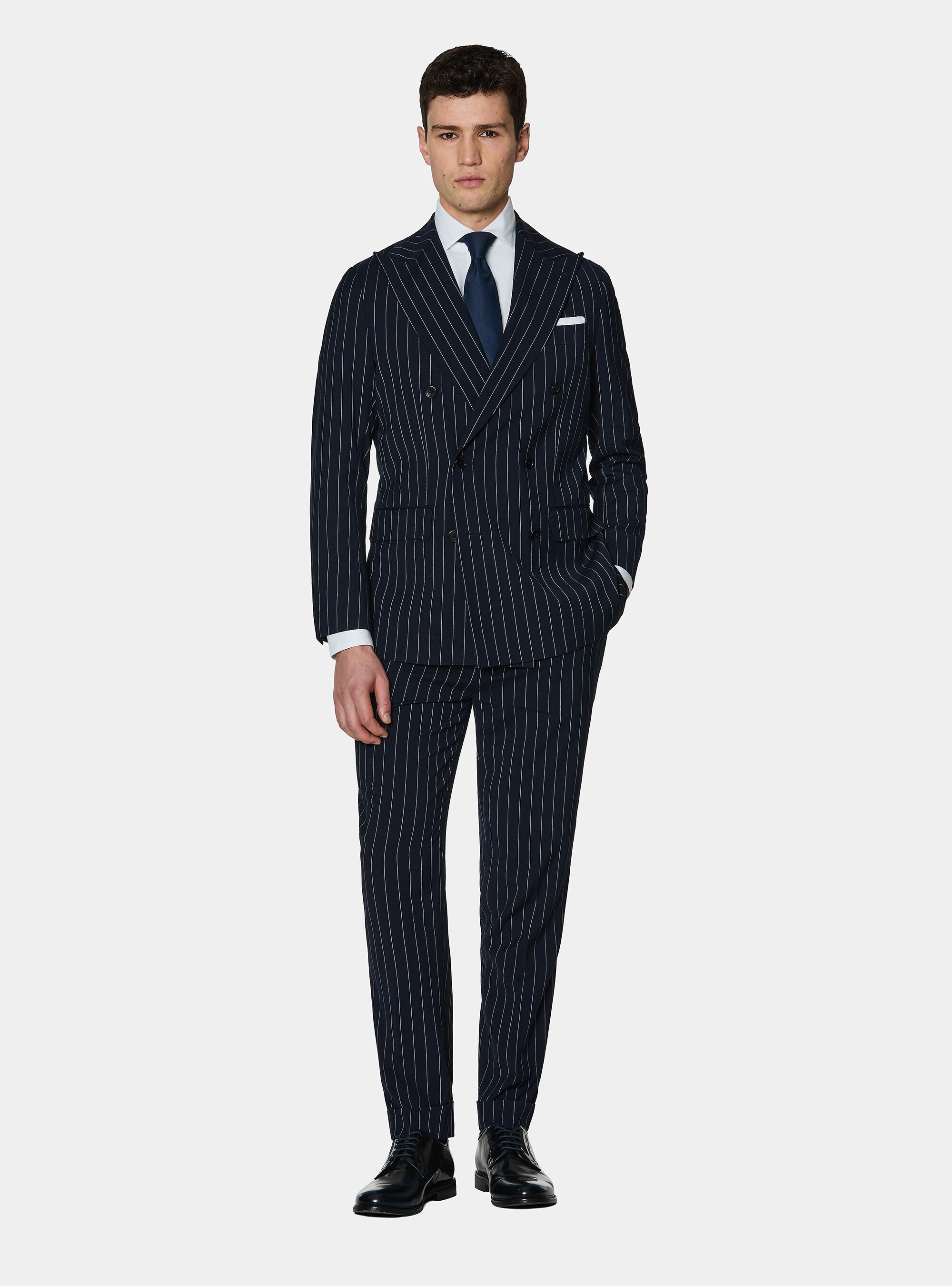 Double-breasted pinstripe suit trousers, NAVY BLUE