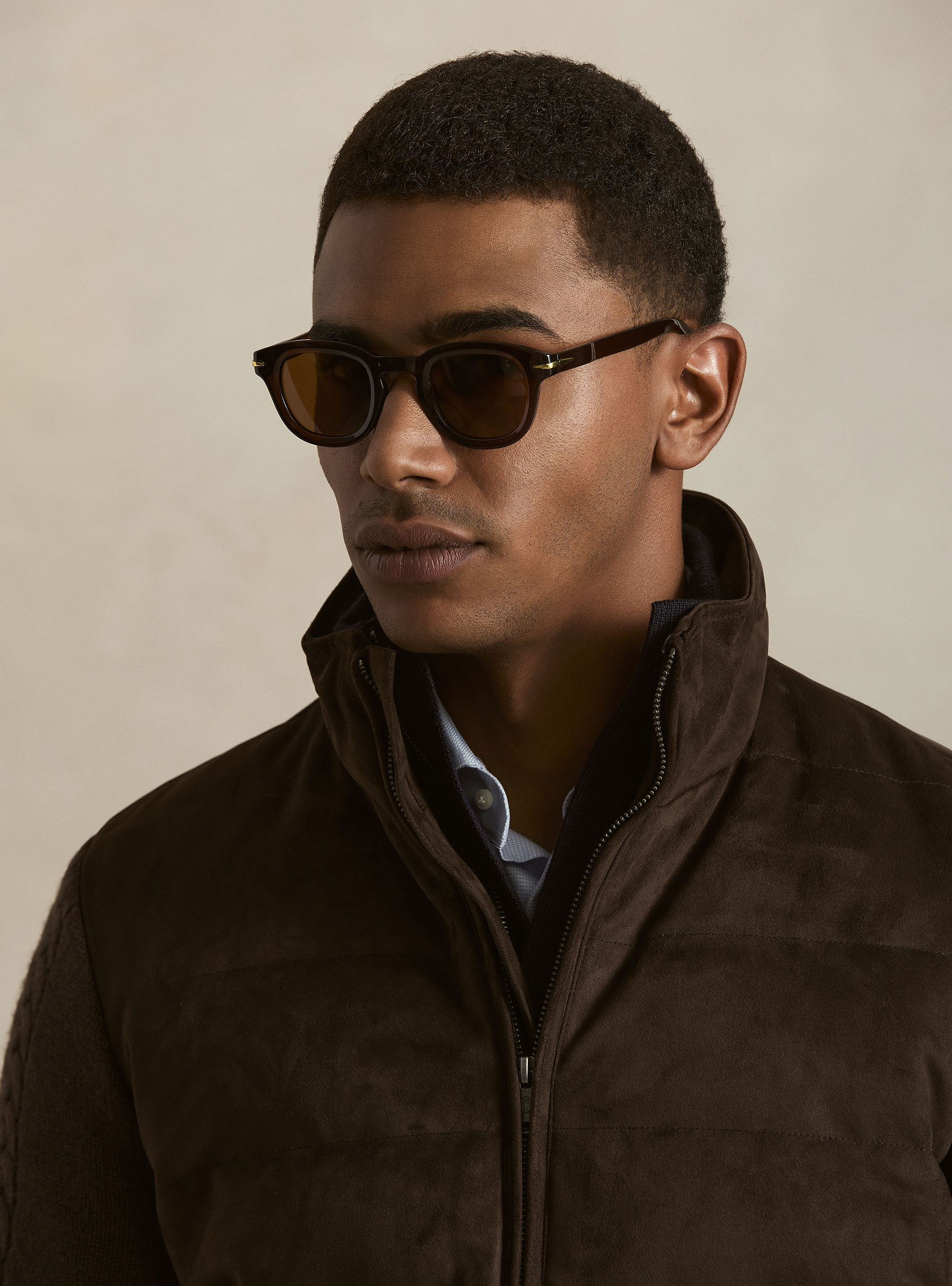 Quilted suede-effect jacket with wool sleeves, MARRONE 0508C