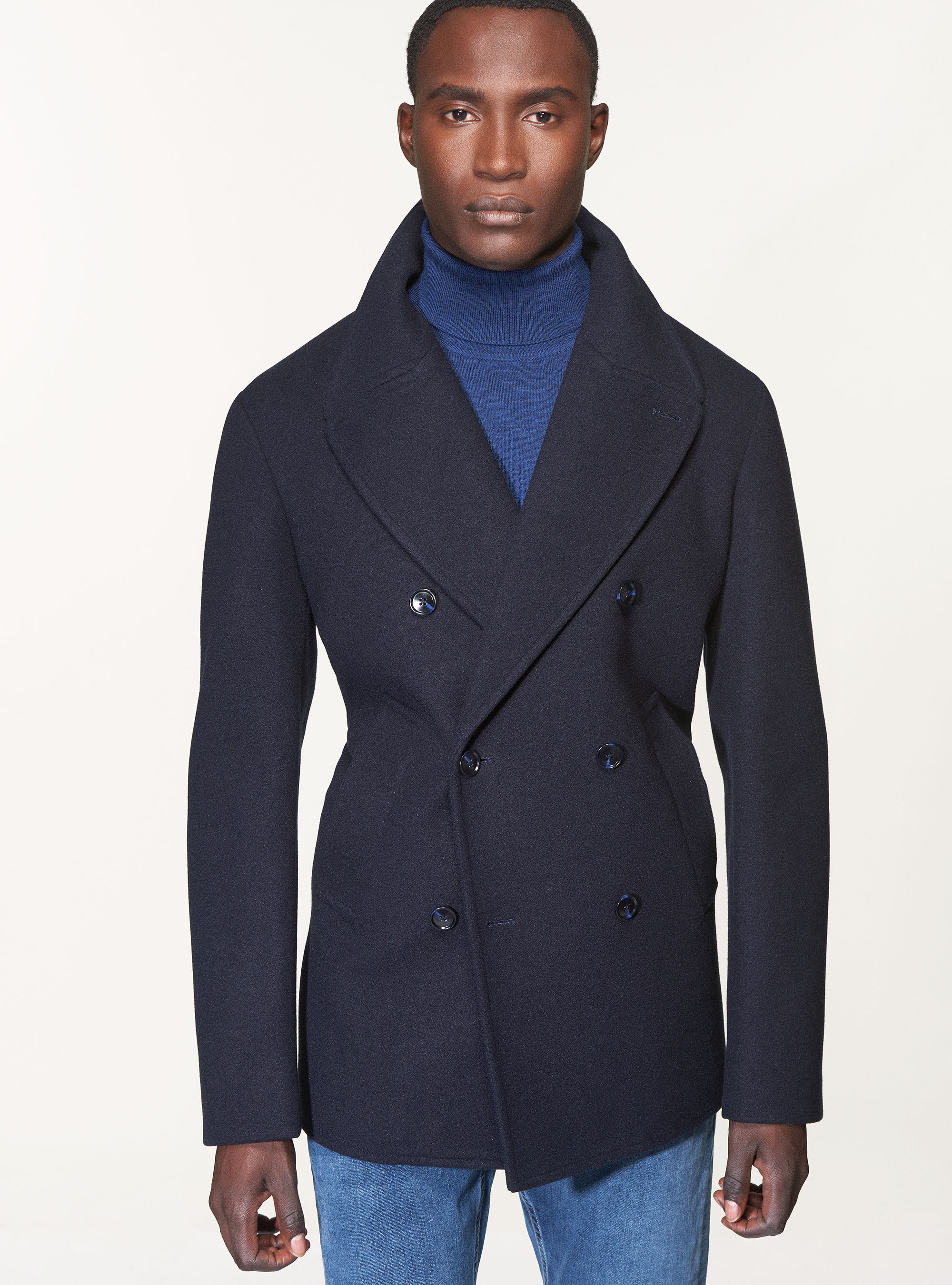 Double breasted slim hoodie solid casual sales long pea coat with belt