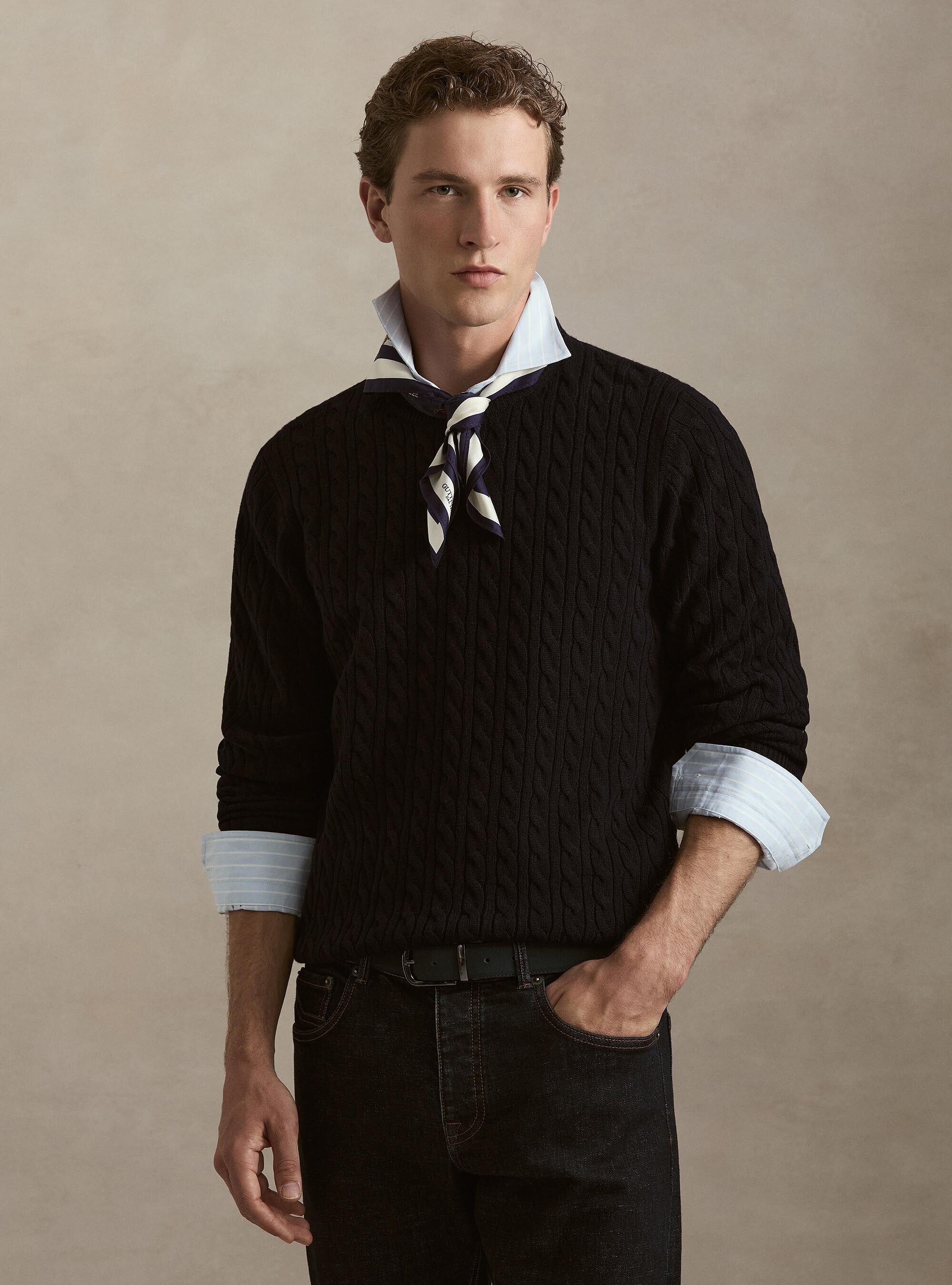 Girocollo in maglia con treccia in lana cashmere, BLU NAVY