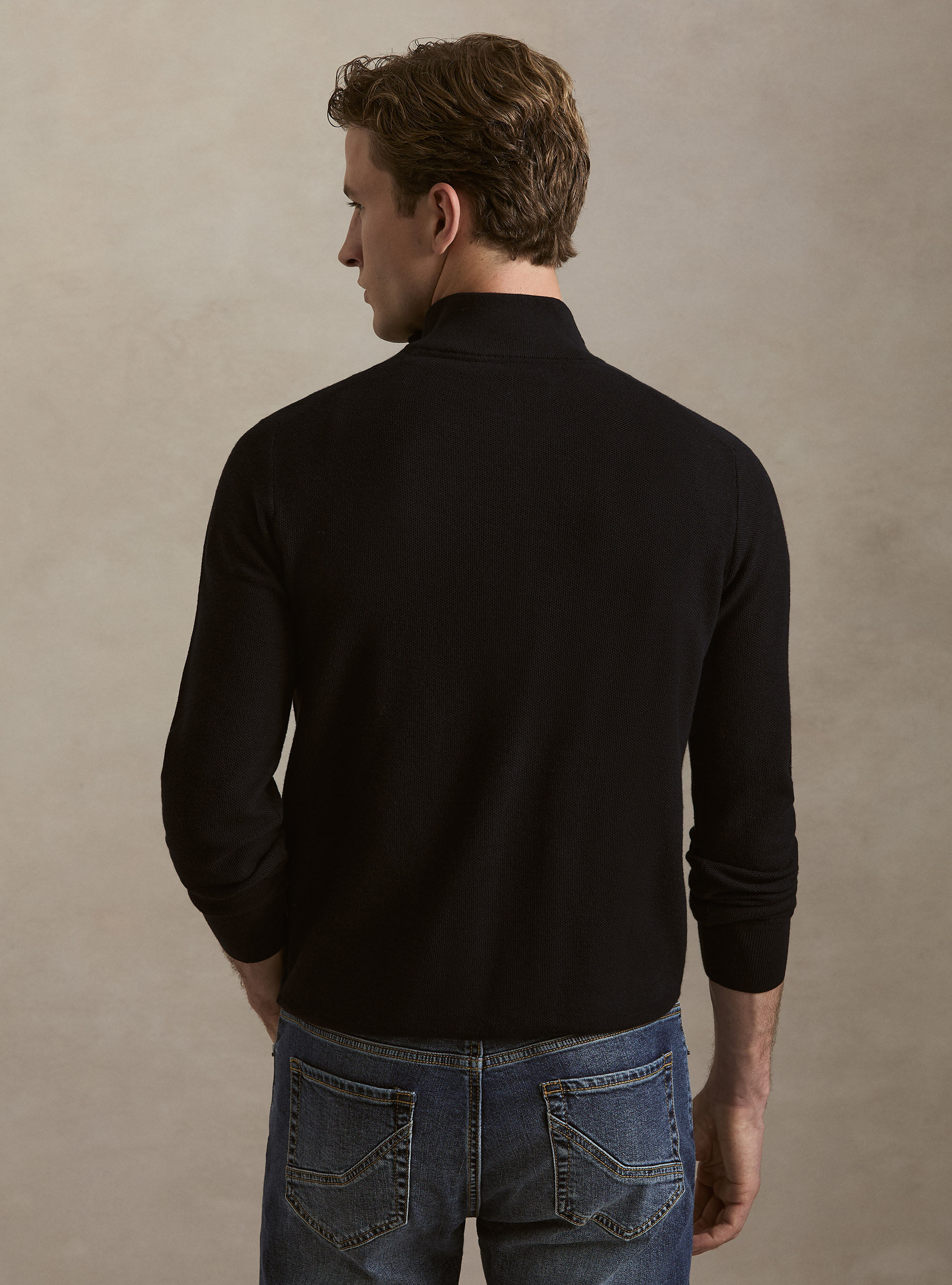 Maglia con mezza zip nido d'ape in cotone cashmere, AZUL MARINO