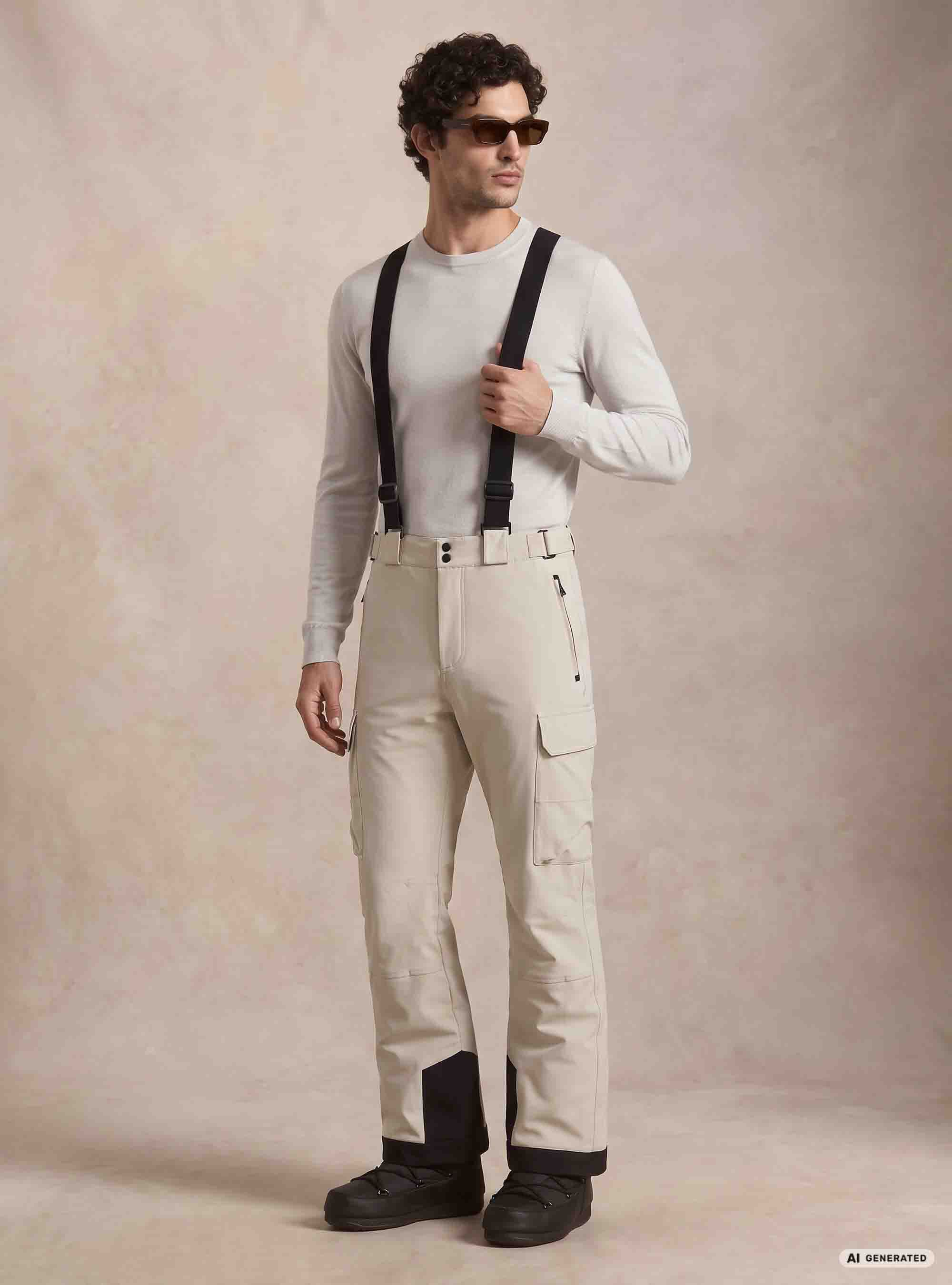 Pantaloni da sci con tasconi e bretelle, PANNA