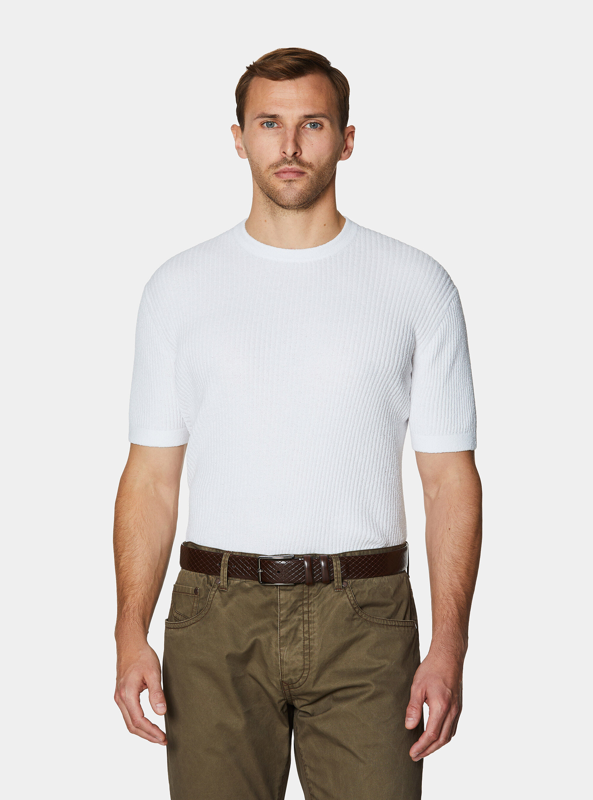 Girocollo in maglia boucl&egrave; a costina, BIANCO