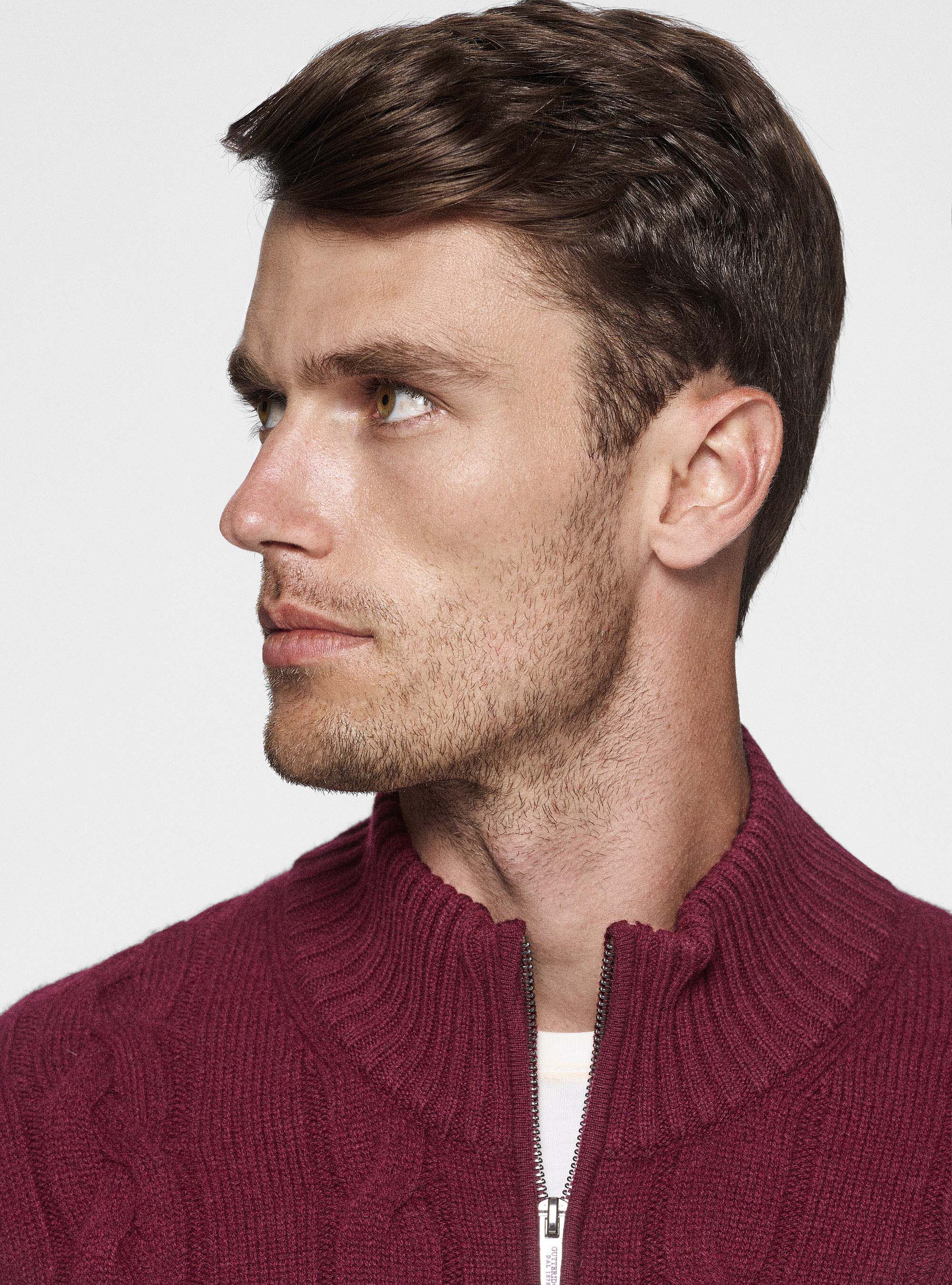 Cardigan in maglia a treccia in lana e cashmere, BORDEAUX