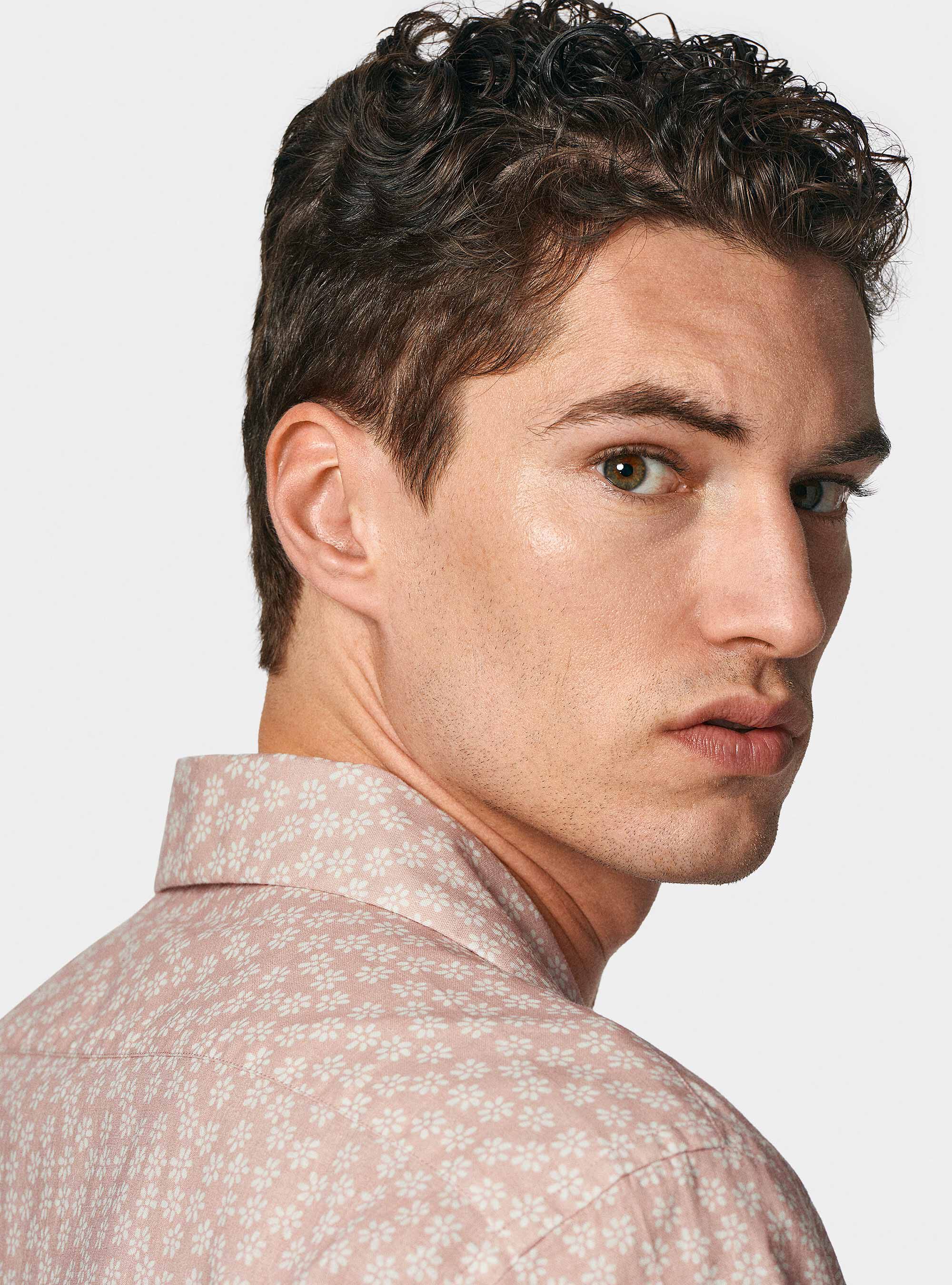 Bowling shirt in linen and printed cotton, ROSA CHIARO 0466C