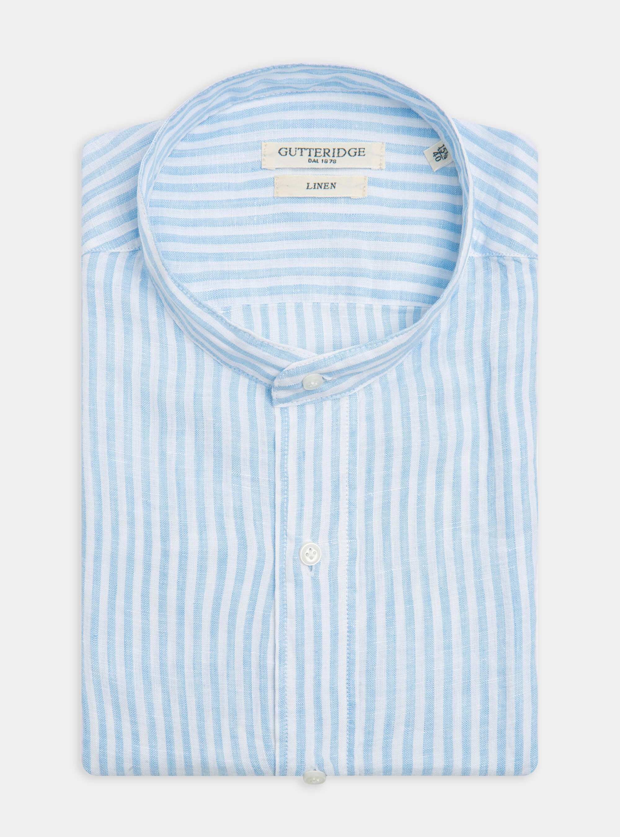 Camicia collo coreano in puro lino rigato, AZZURRO