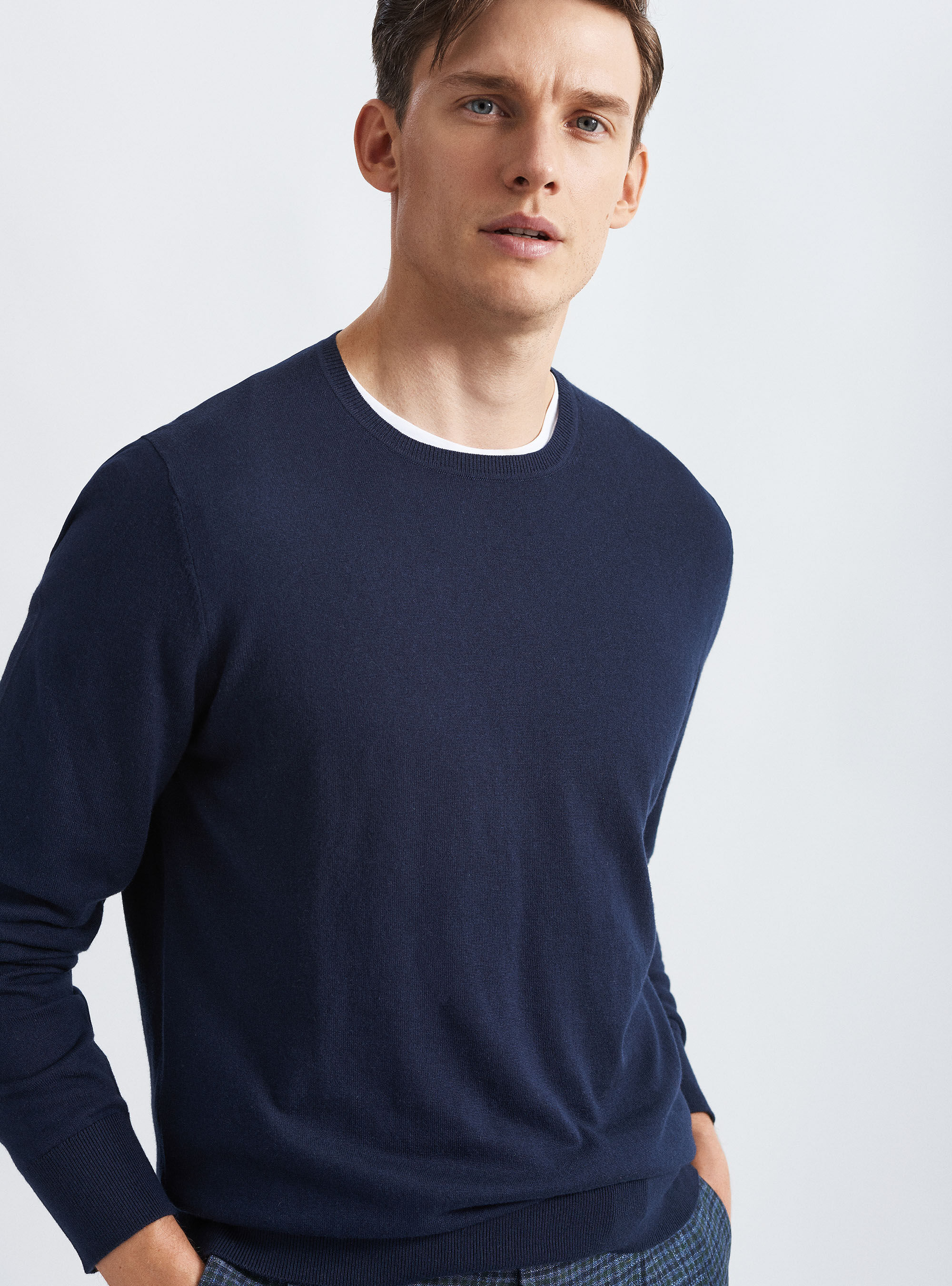 Maglia girocollo in cotone seta e cashmere, BLU NAVY