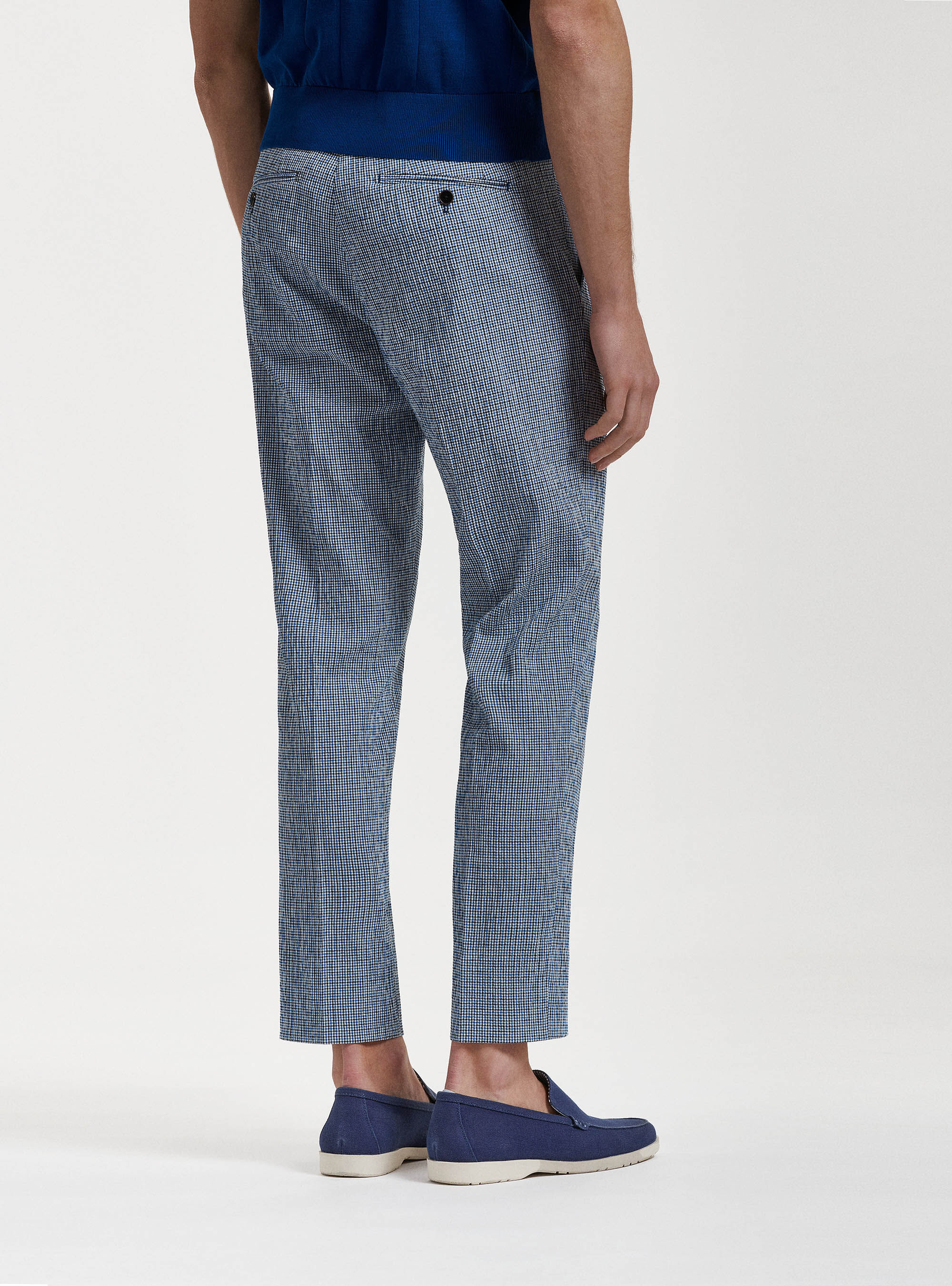 Pantaloni micro quadro seersucker in lino e cotone, BLU