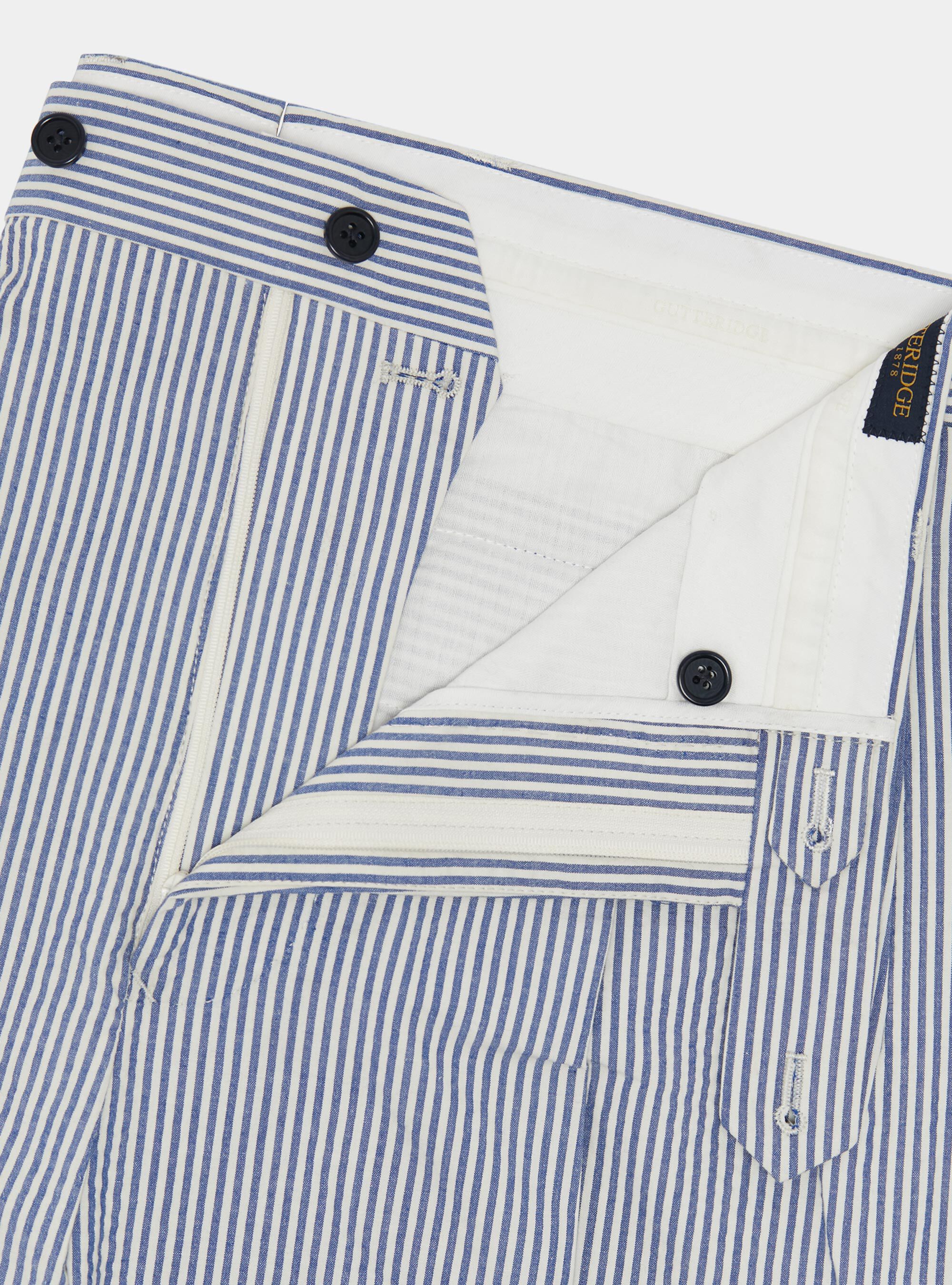 Double pleat cotton seersucker trousers, BLUE