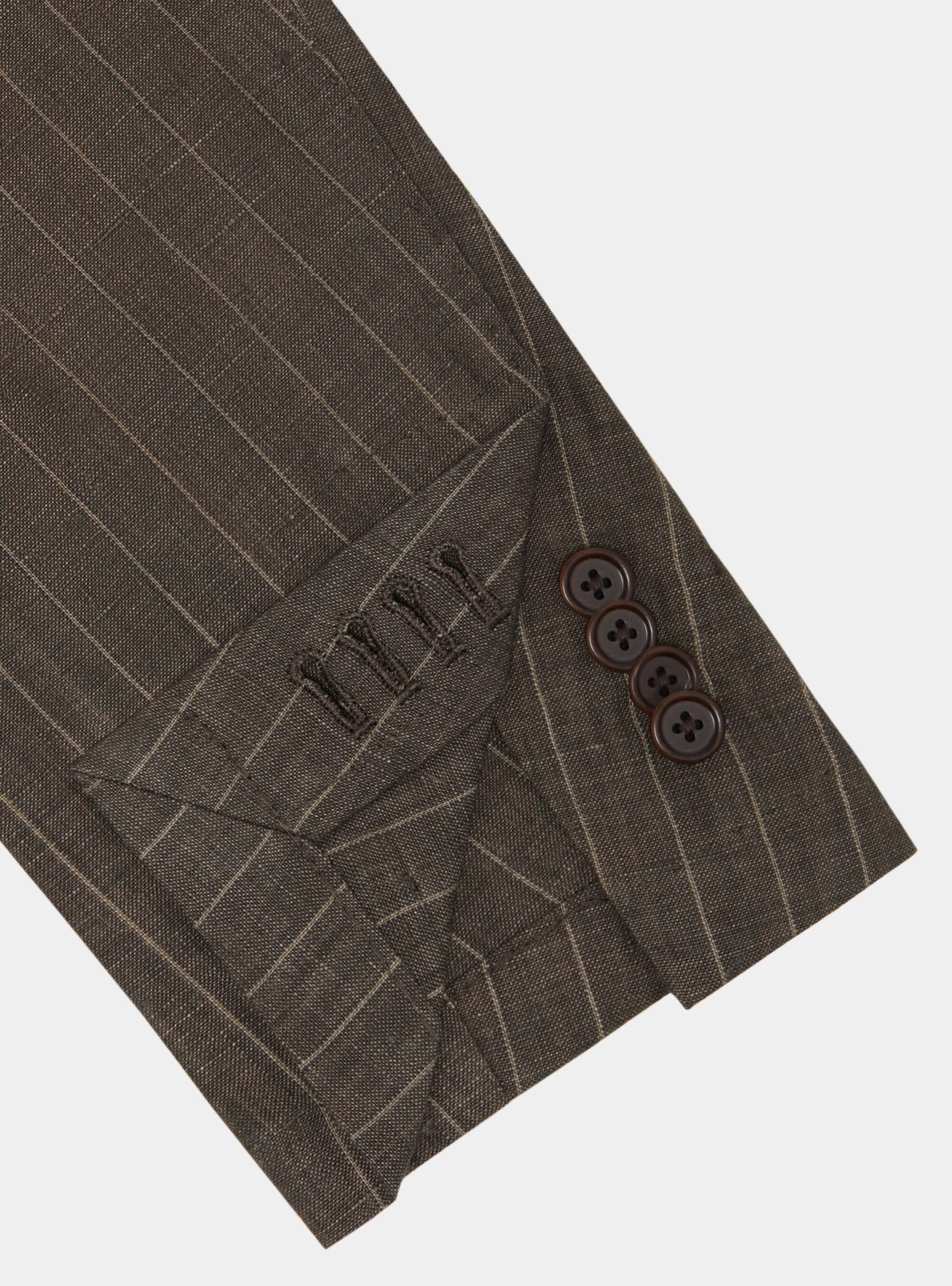 Americana de traje de raya diplom&aacute;tica con doble botonadura en lino delav&eacute;, MARRON