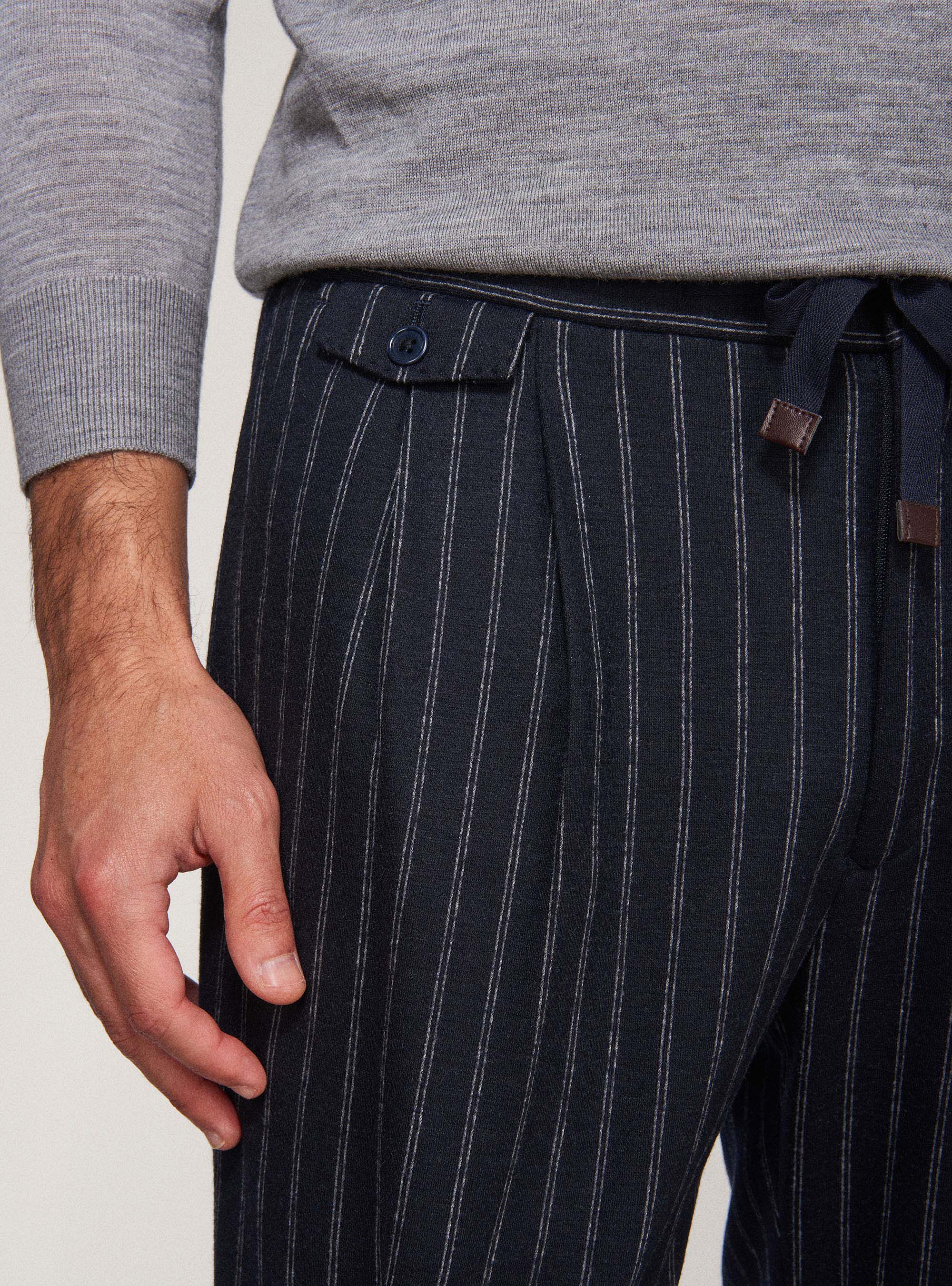 Pinstripe drawstring discount trousers
