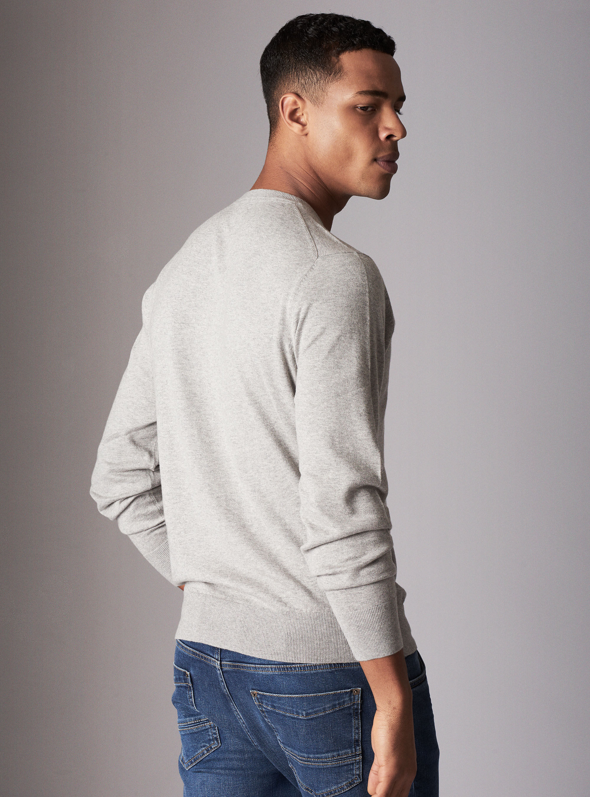 Jersey cuello redondo b&aacute;sico en algod&oacute;n seda cashmere, GRIS CLARO JASPEADO