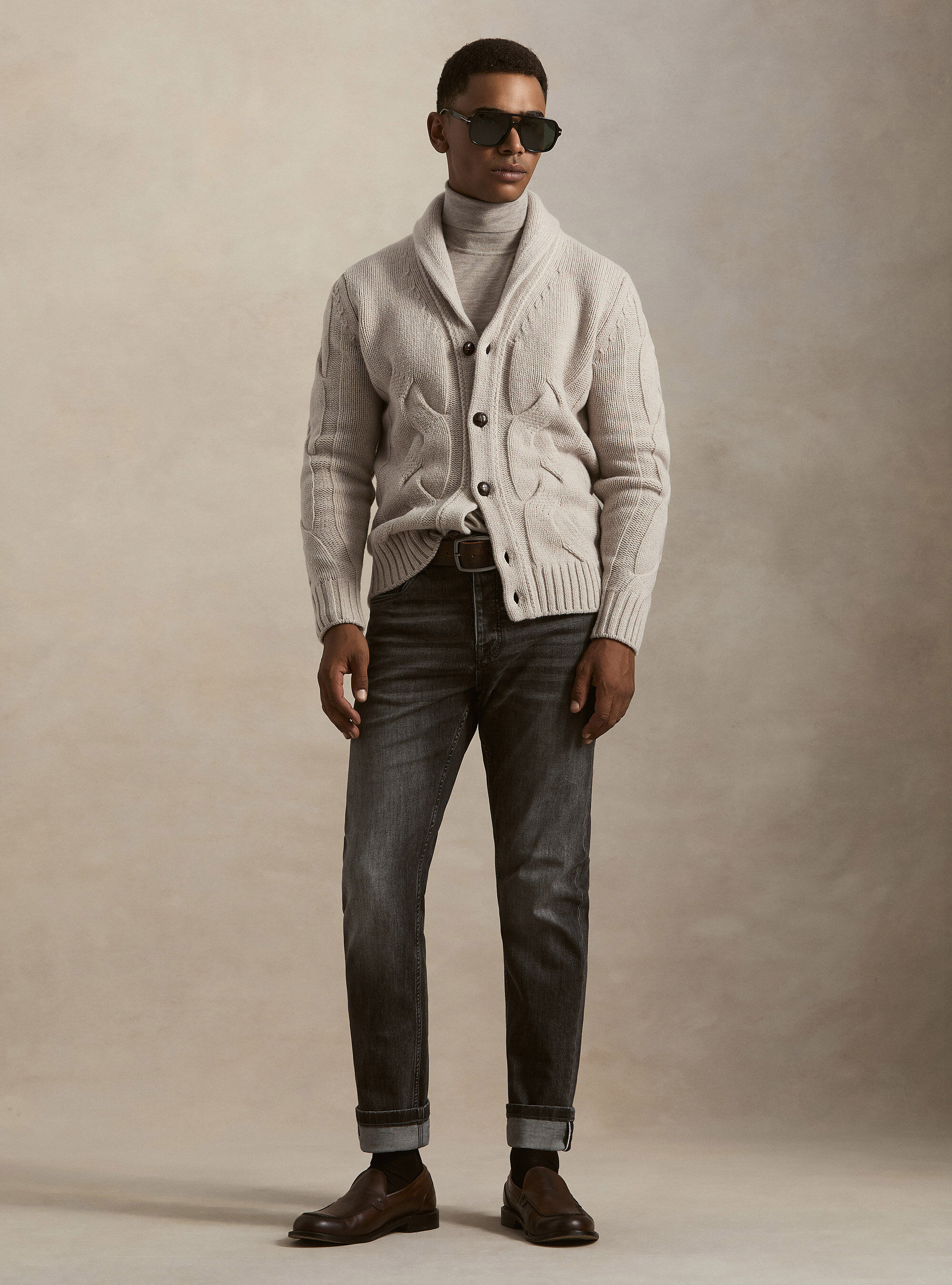 Cable-knit shawl collar lambswool-cashmere cardigan, ECRU
