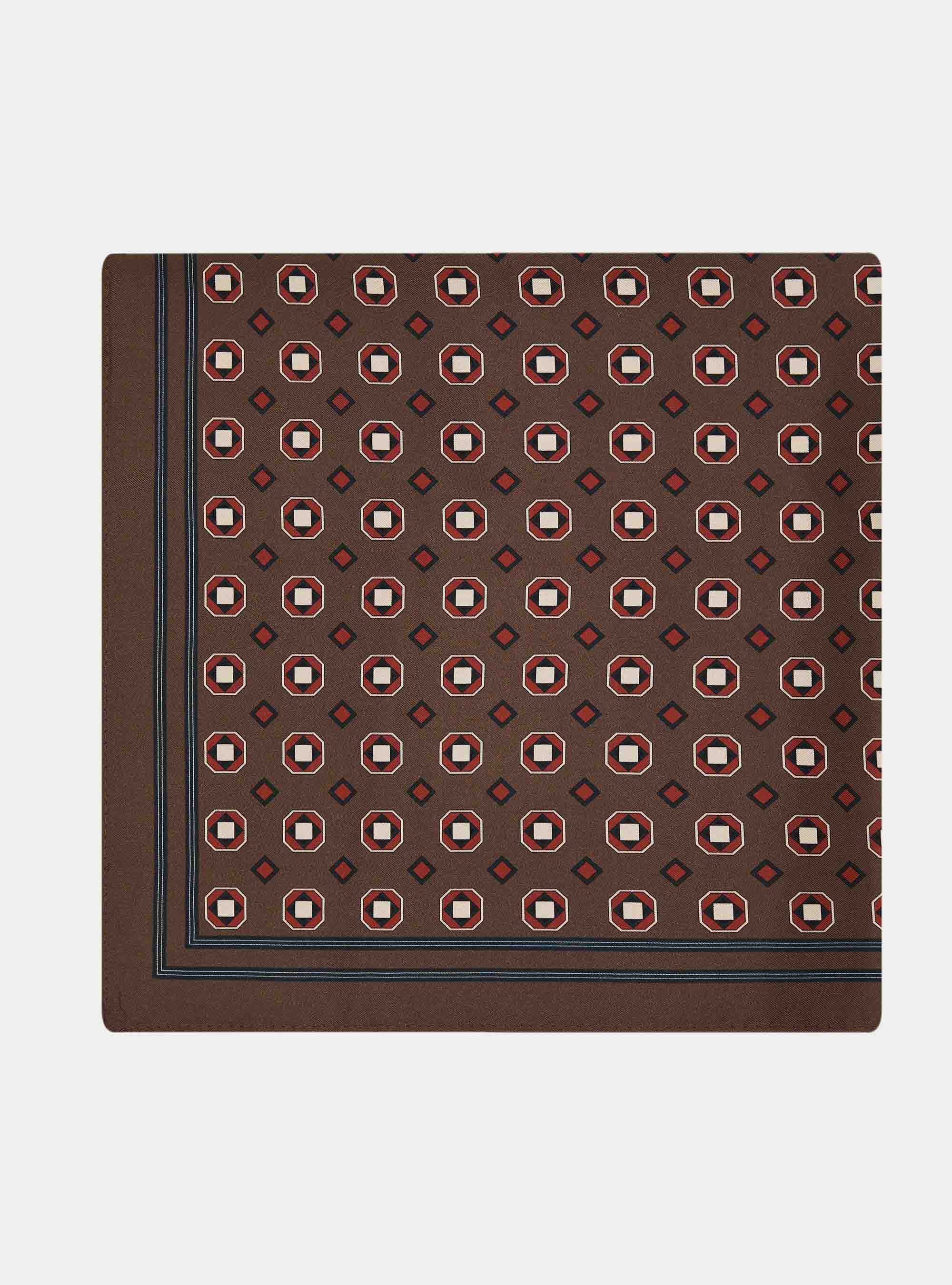 Foulard stampato in seta fantasia geometrica, BROWN