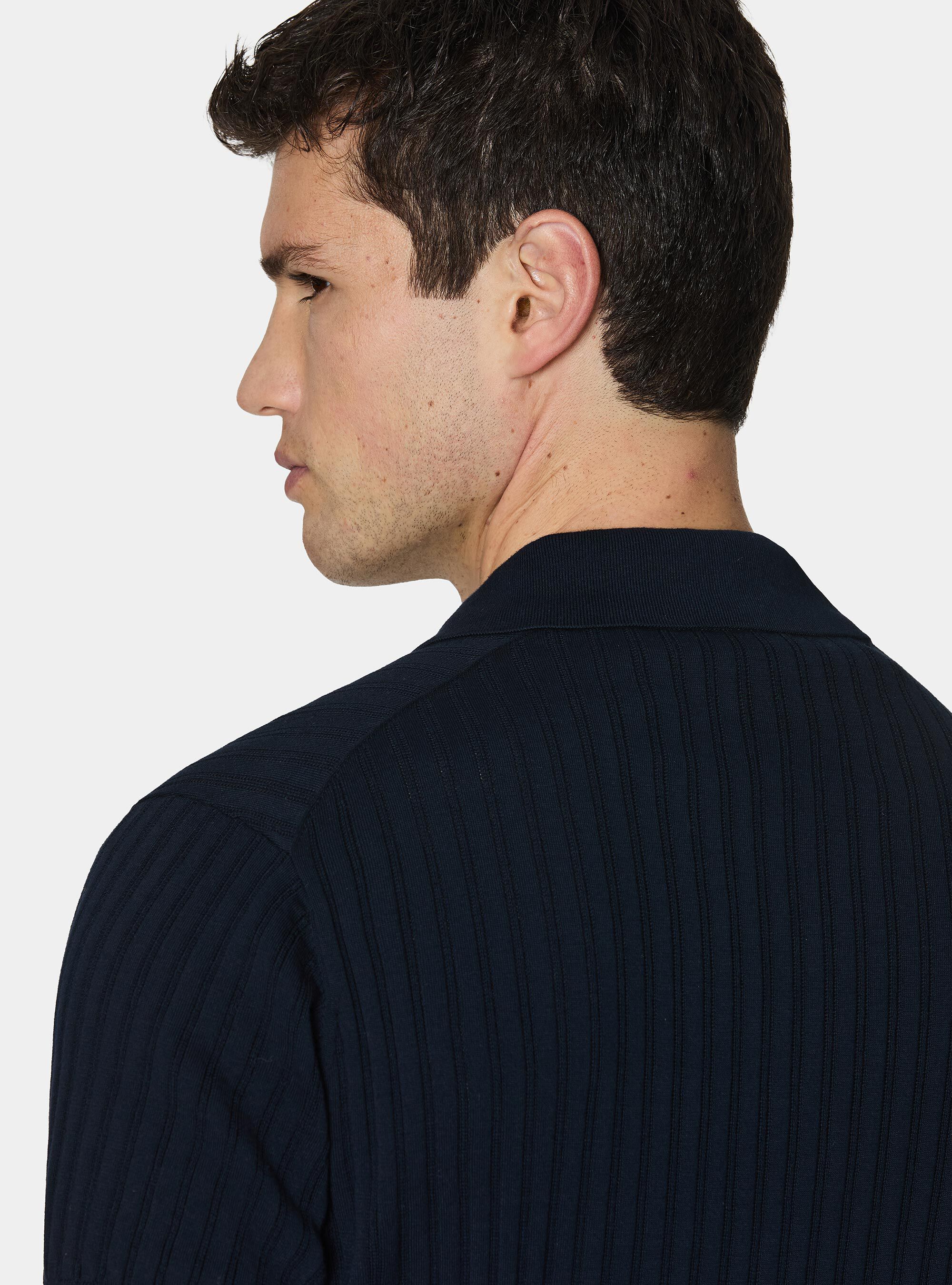 Extra-fine cotton knit polo shirt with openwork ribbing, NAVY BLUE