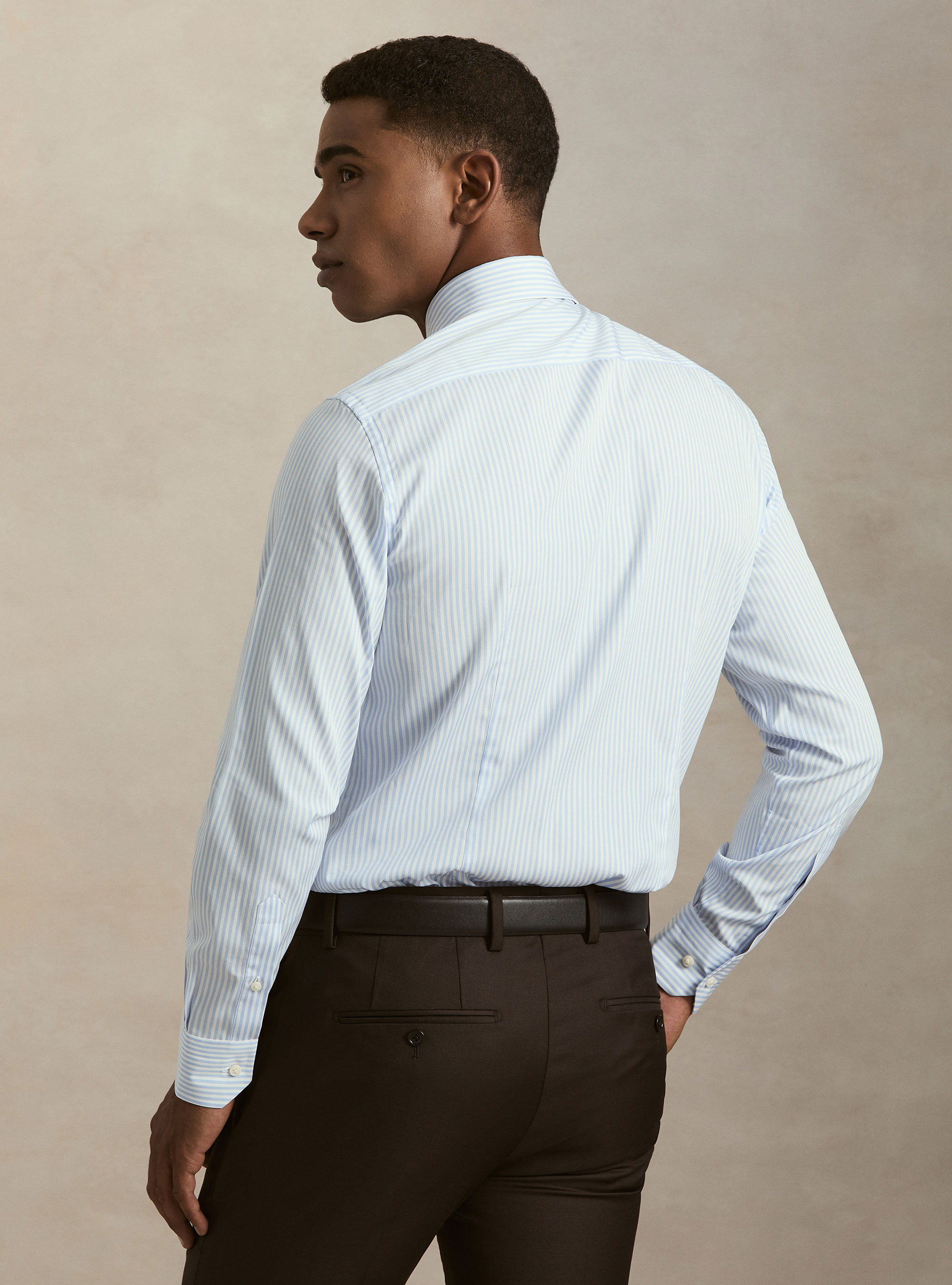 Camicia rigata cotone popeline collo semifrancese, CELESTE