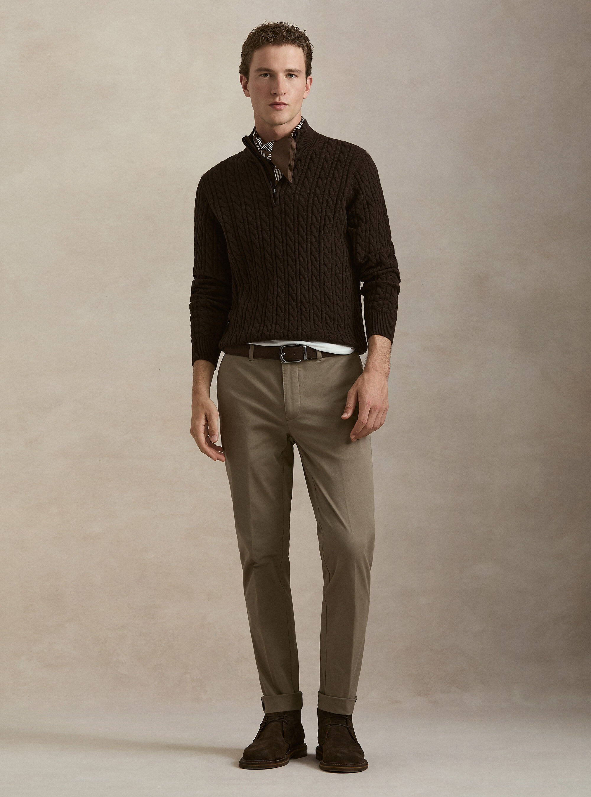 Maglia collo mock con trecca in misto lana, MARRONE