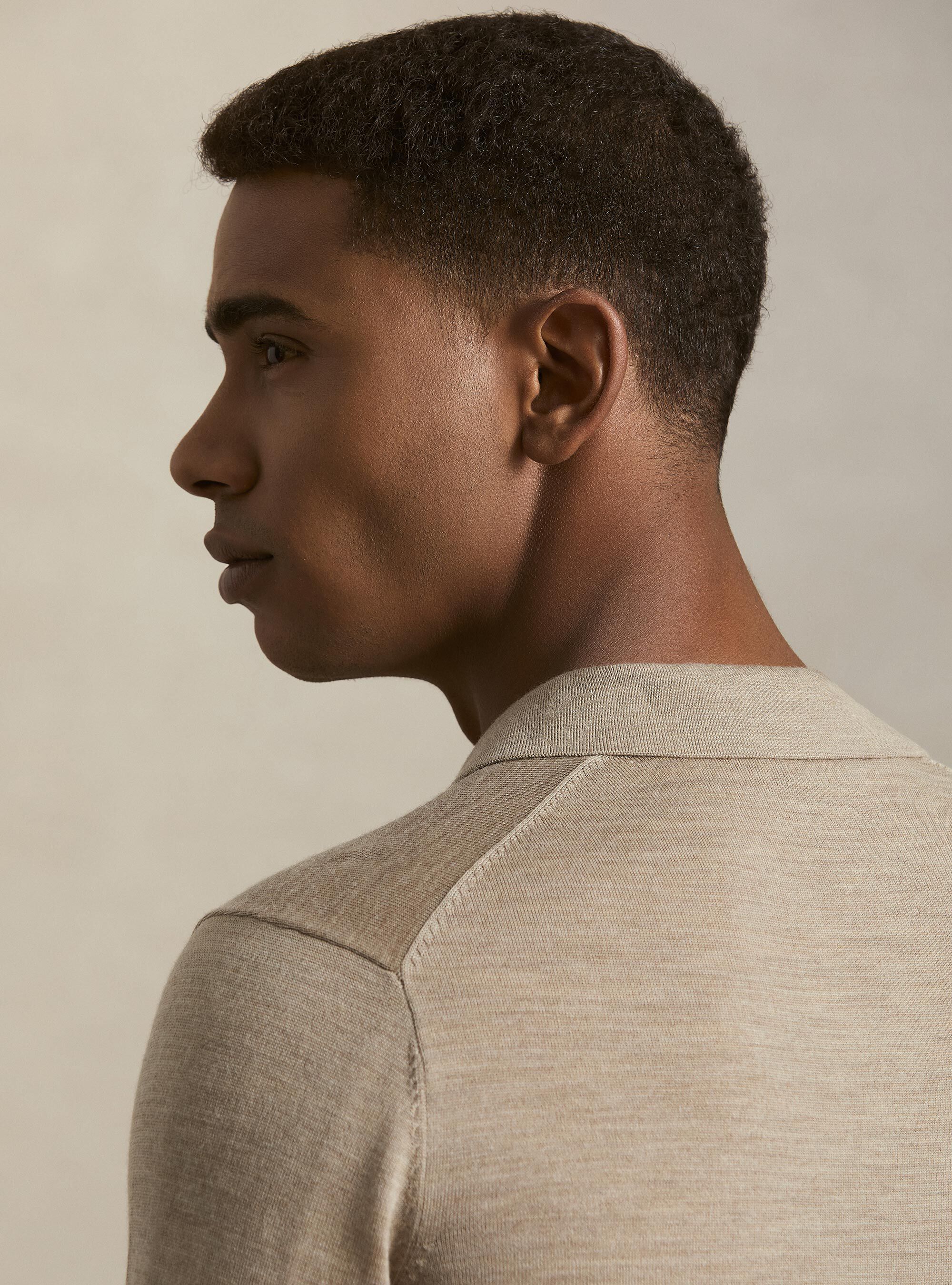 Polo collo senza bottoni in maglia lana merino, FANGO 0555C