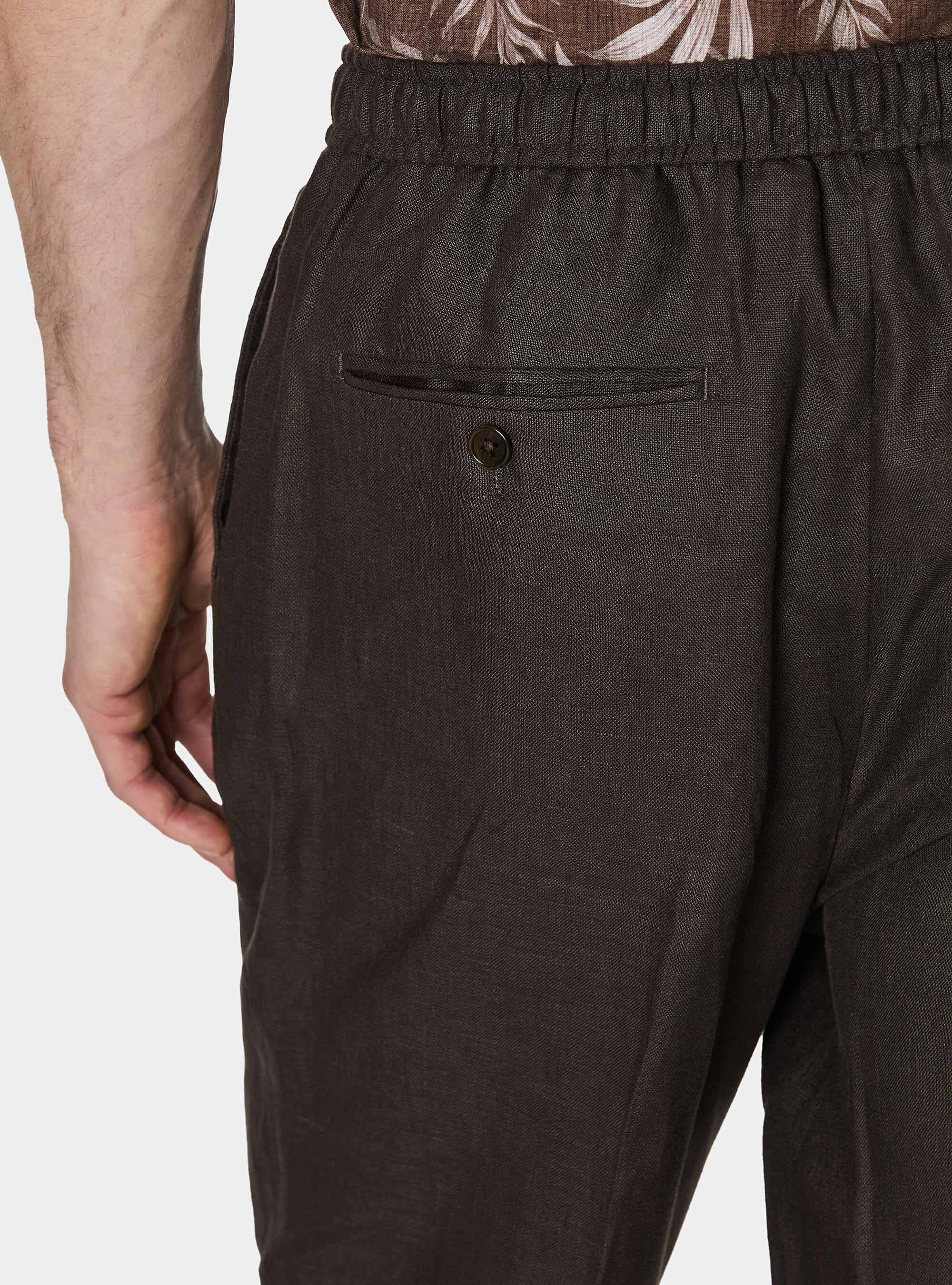 Pantal&oacute;n de lino puro con pinzas y cord&oacute;n de ajuste, MARRON
