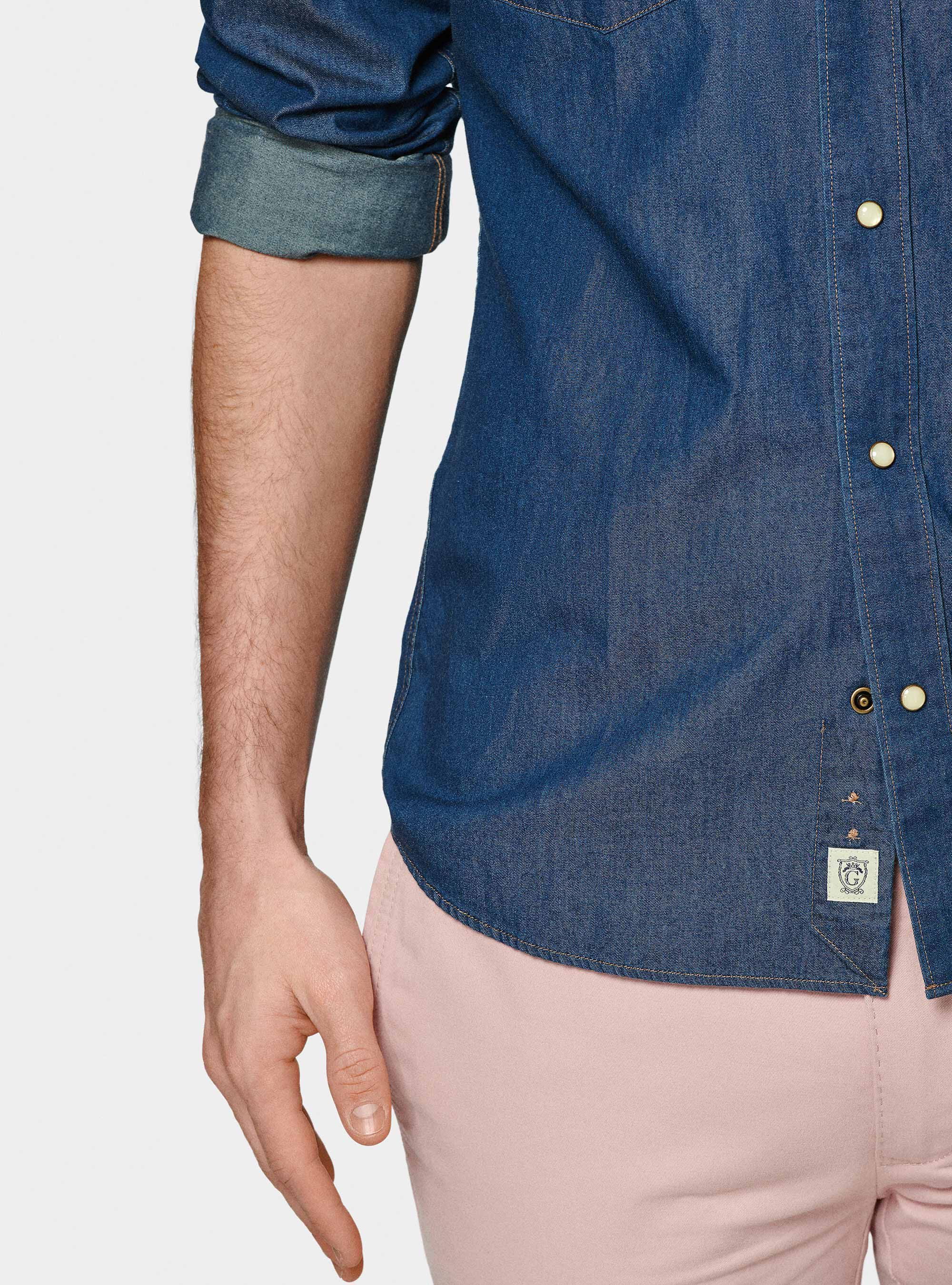 Camicia western in cotone chambray, BLU NAVY