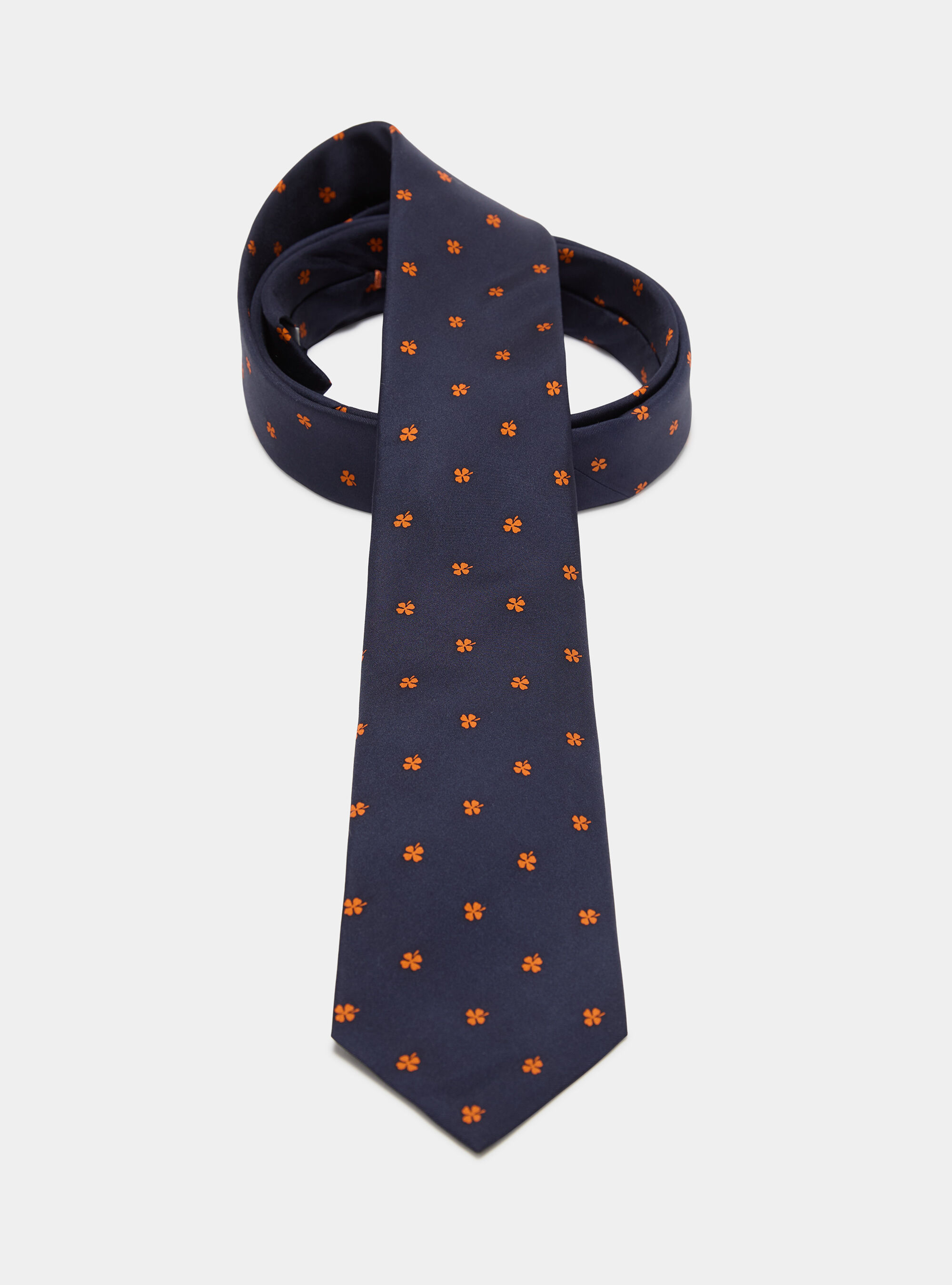 Silk tie with a four-leaf clover print, NAVY/ORANGE