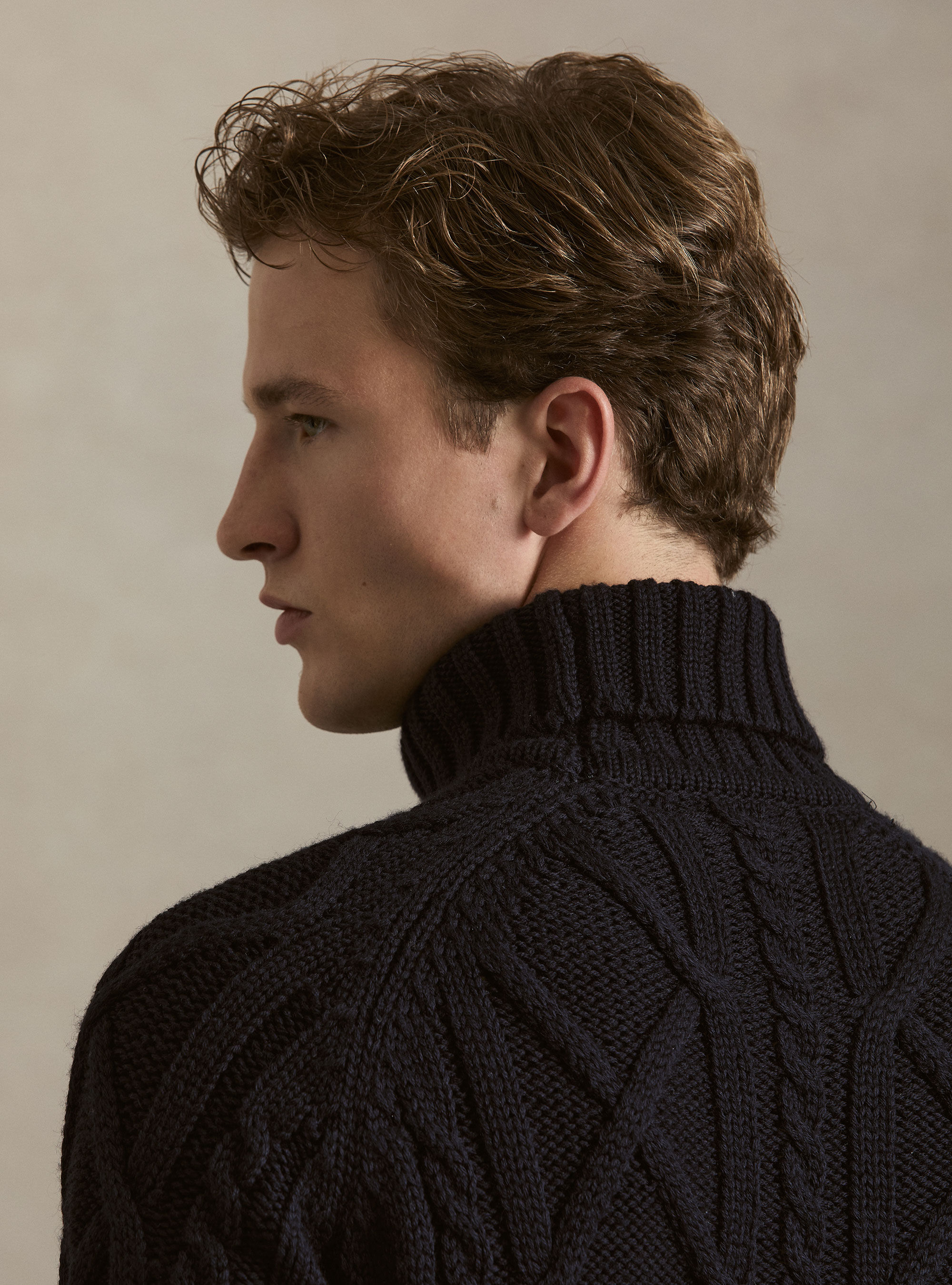 Cable Knit Wool Blend Turtleneck, NAVY BLUE