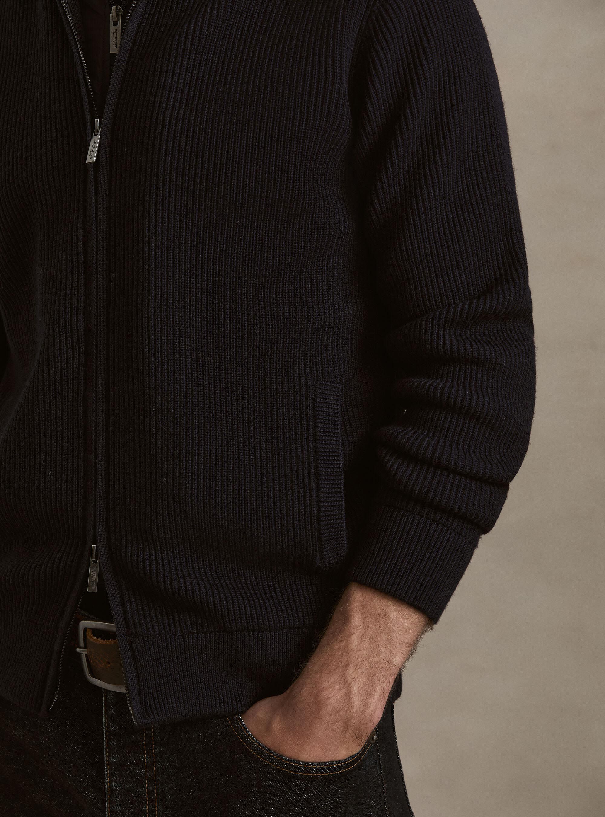 Cardigan costa inglese in lana e cotone e cappuccio removibile, BLU NAVY
