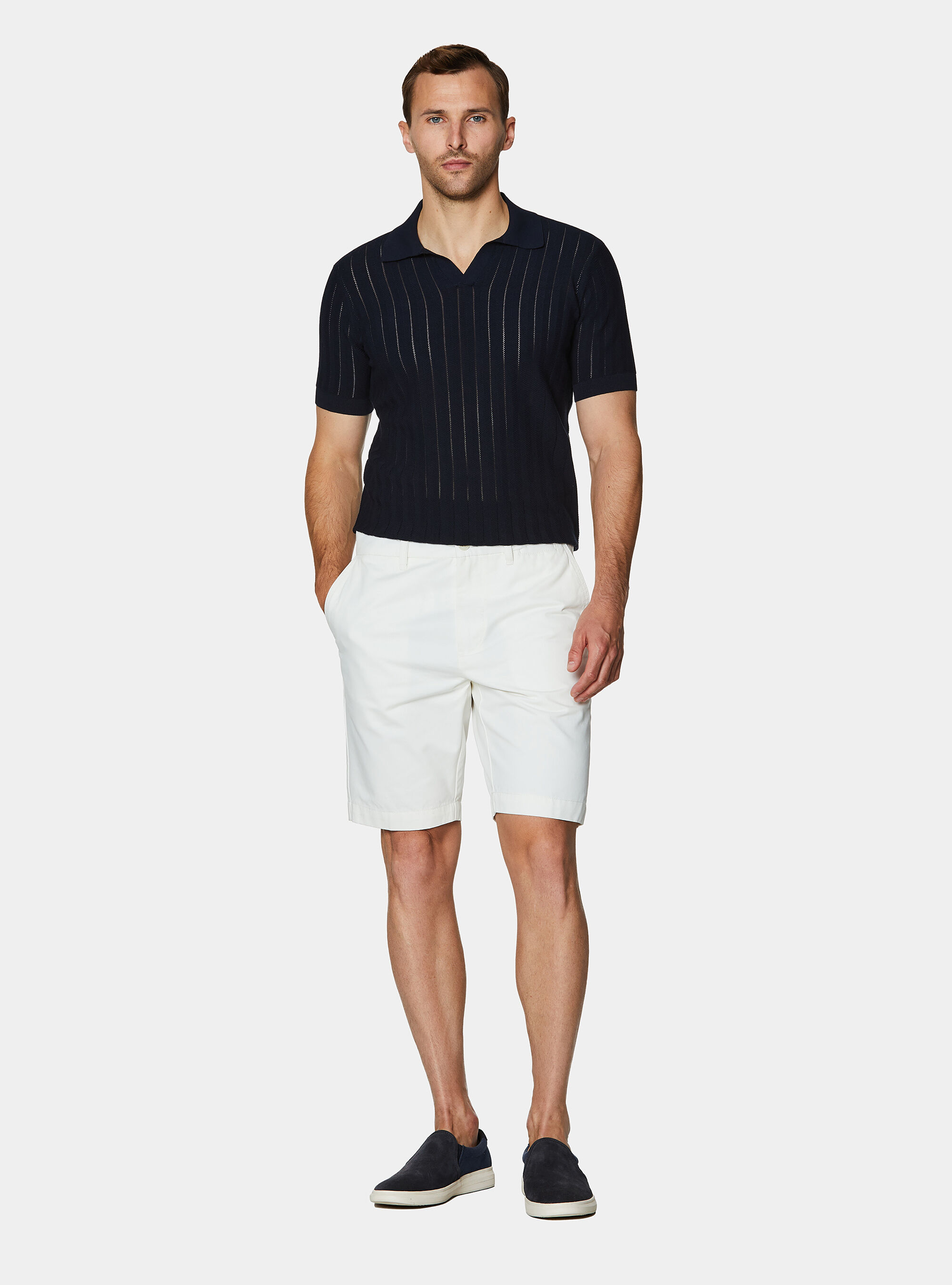 Polo traforata in cotone spigato, BLU NAVY