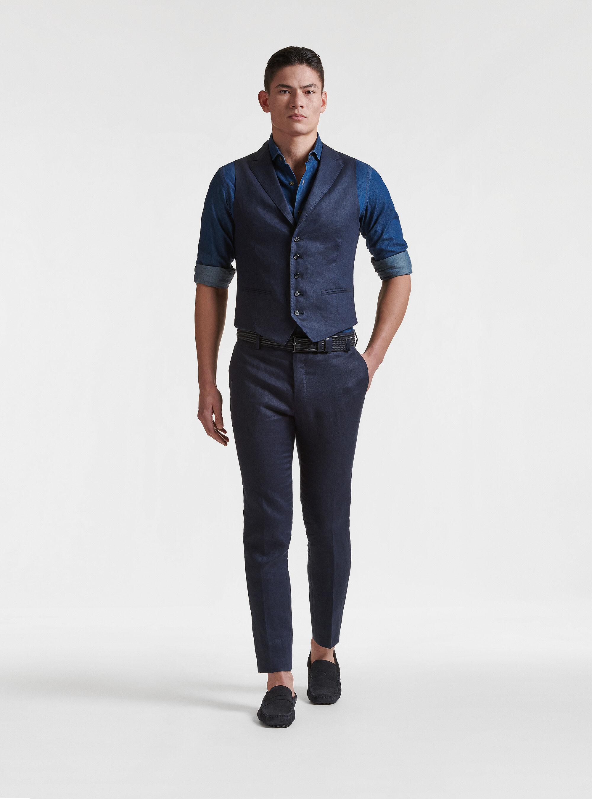Gilet monopetto in puro lino con revers