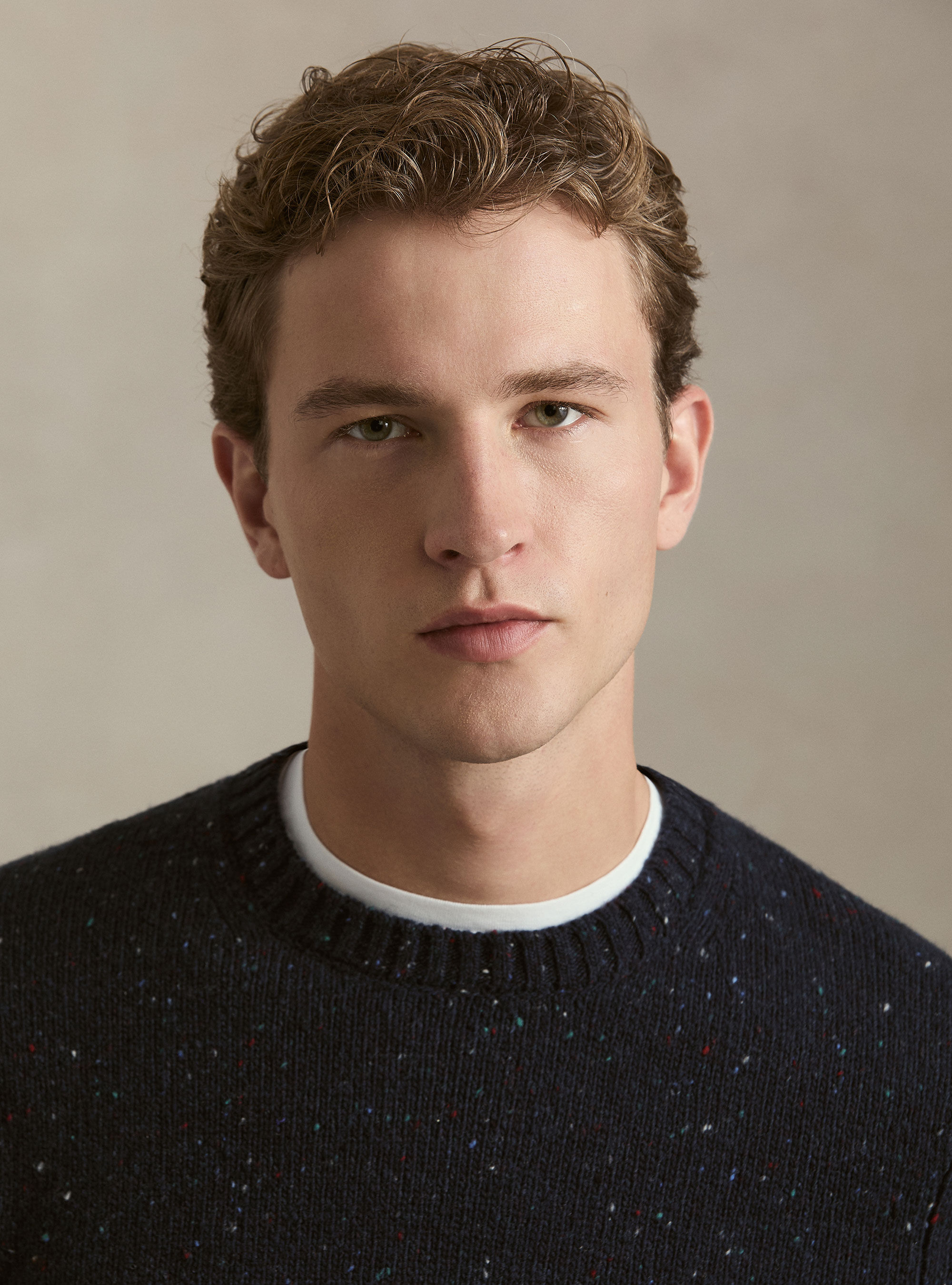 Donegal-style merino wool blend crewneck sweater, NAVY BLUE