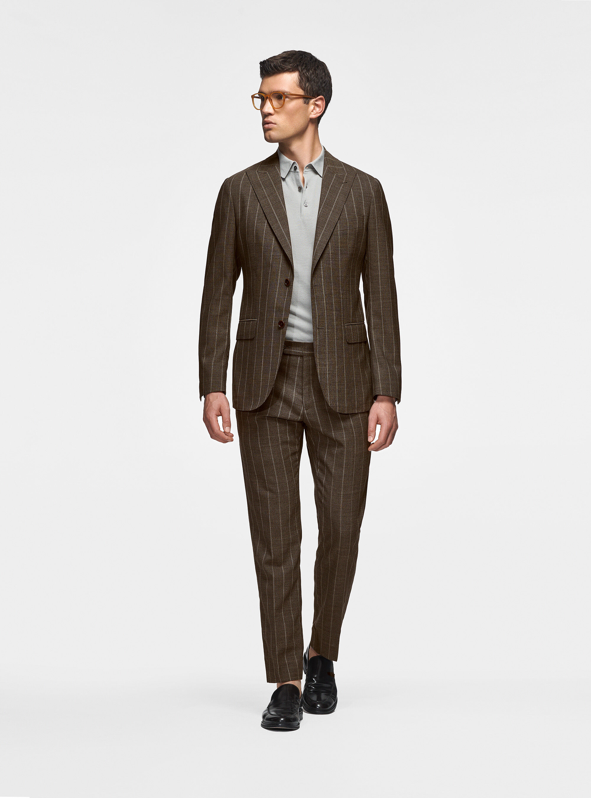 Giacca in pura lana gessata, FANGO