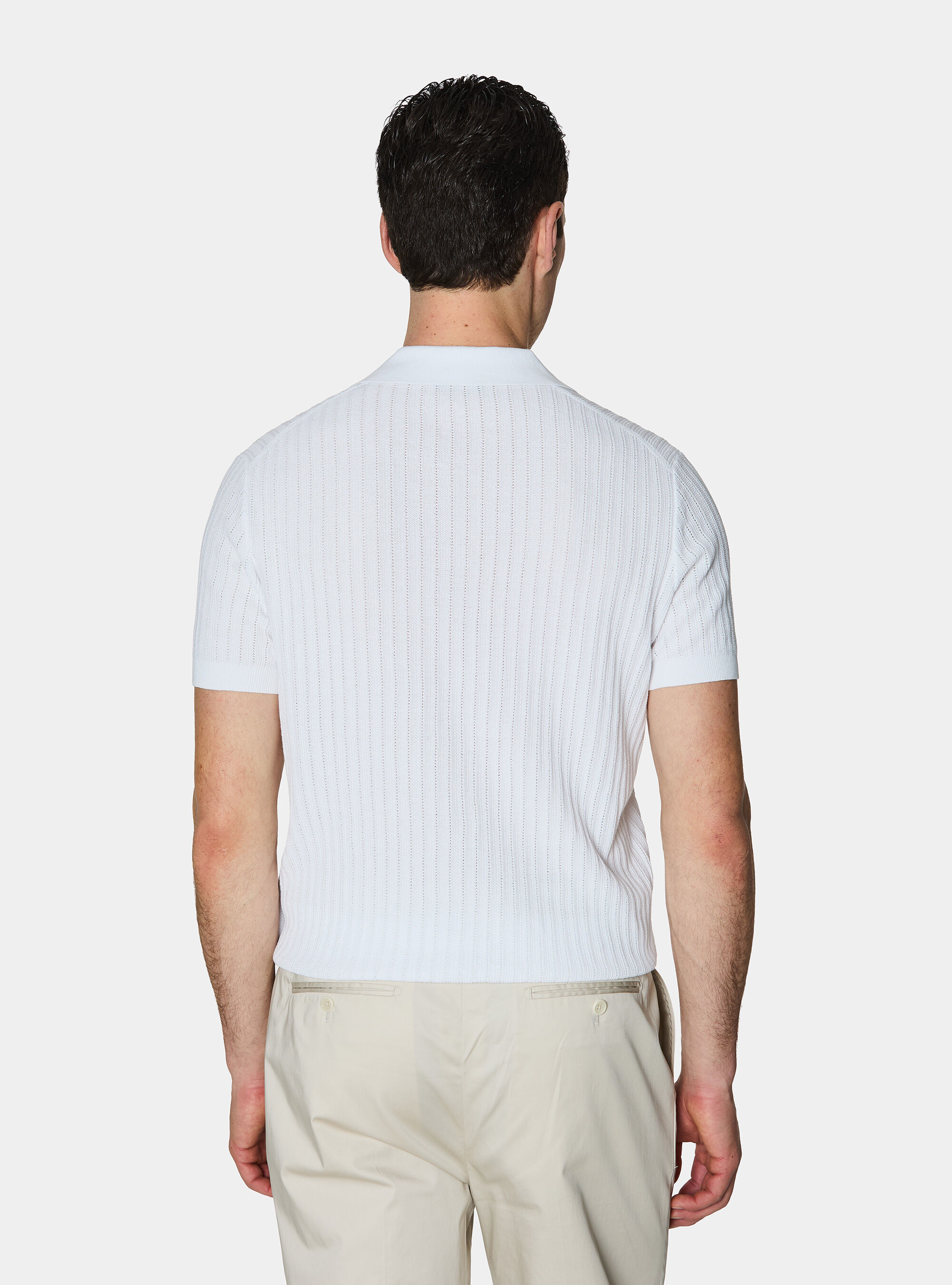 Polo in maglia traforata senza bottoni in cotone extrafine, BIANCO