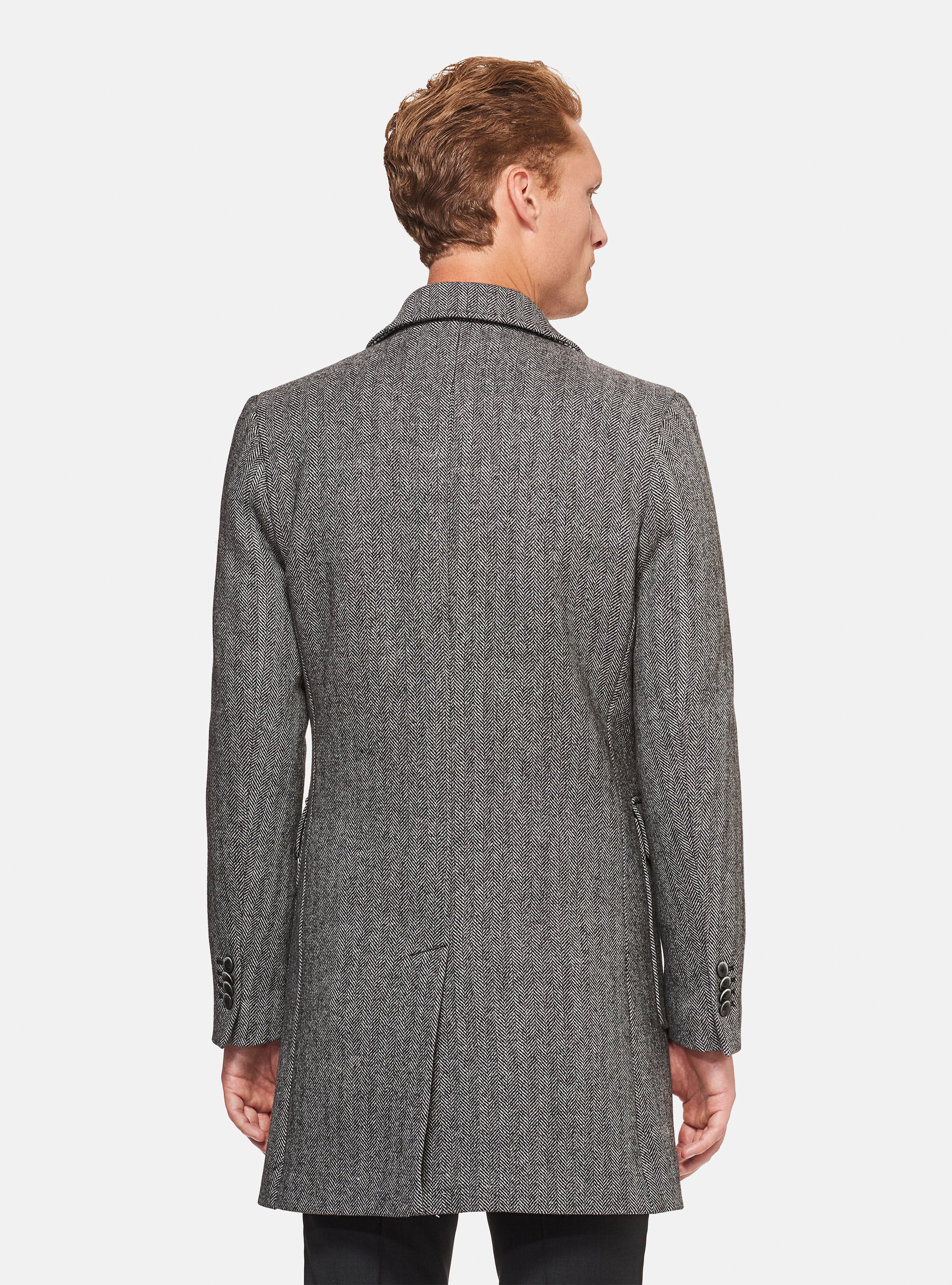PURE WOOL HERRINGBONE COAT, BLACK