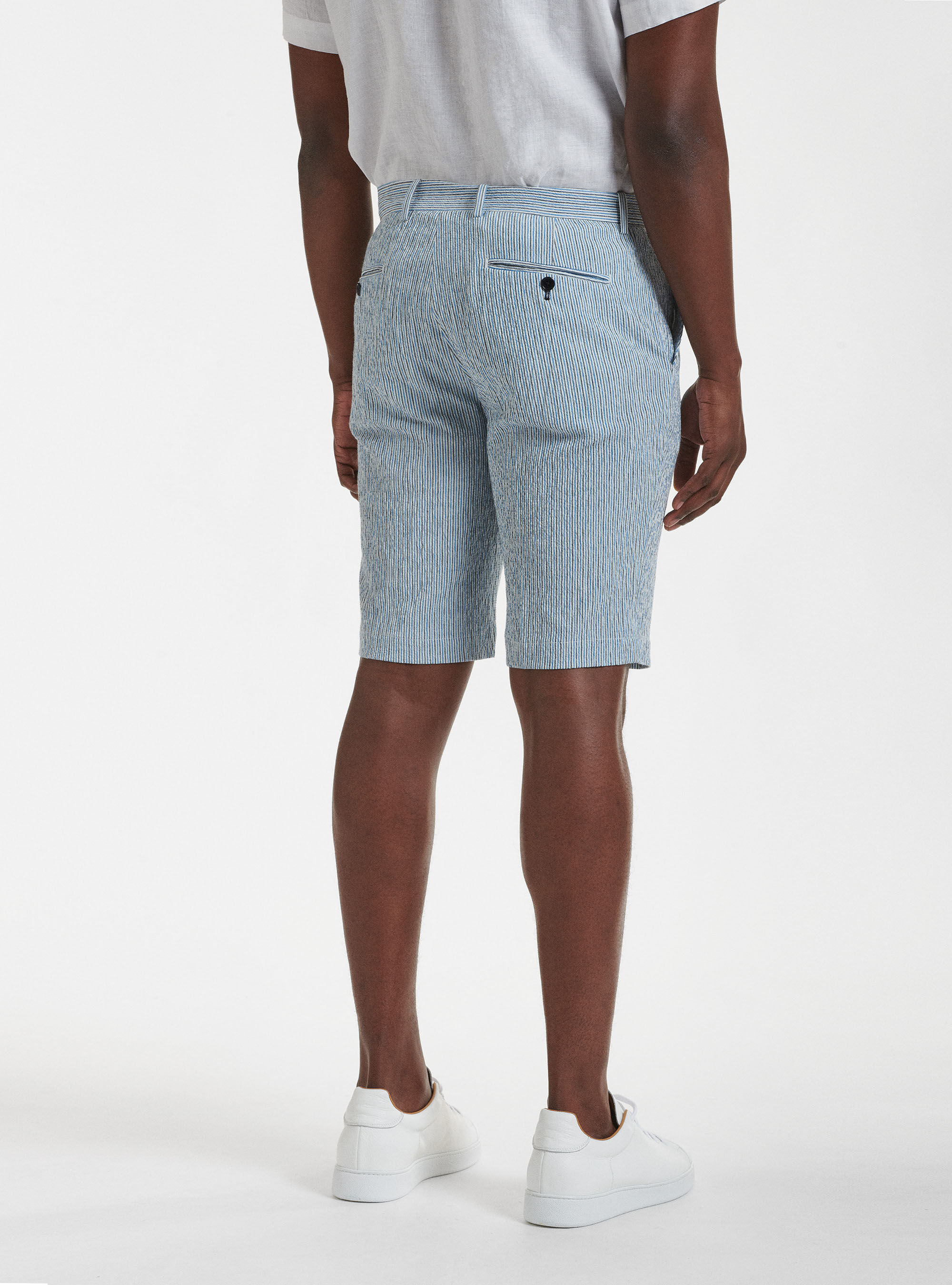 Bermudas de algod&oacute;n y lino a rayas seersucker, CELESTE