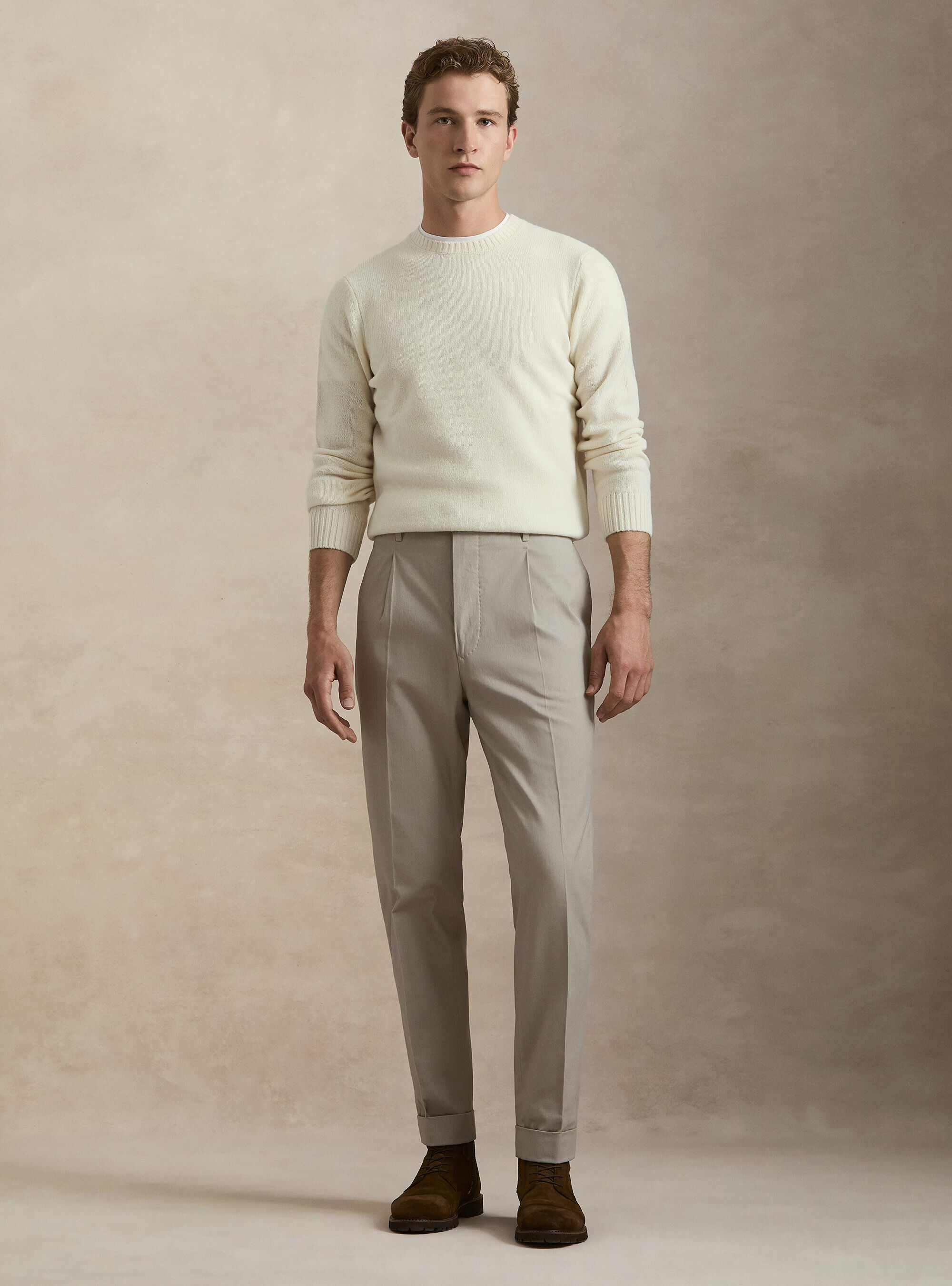 Cotton and cashmere twill pleated trousers, ECRU